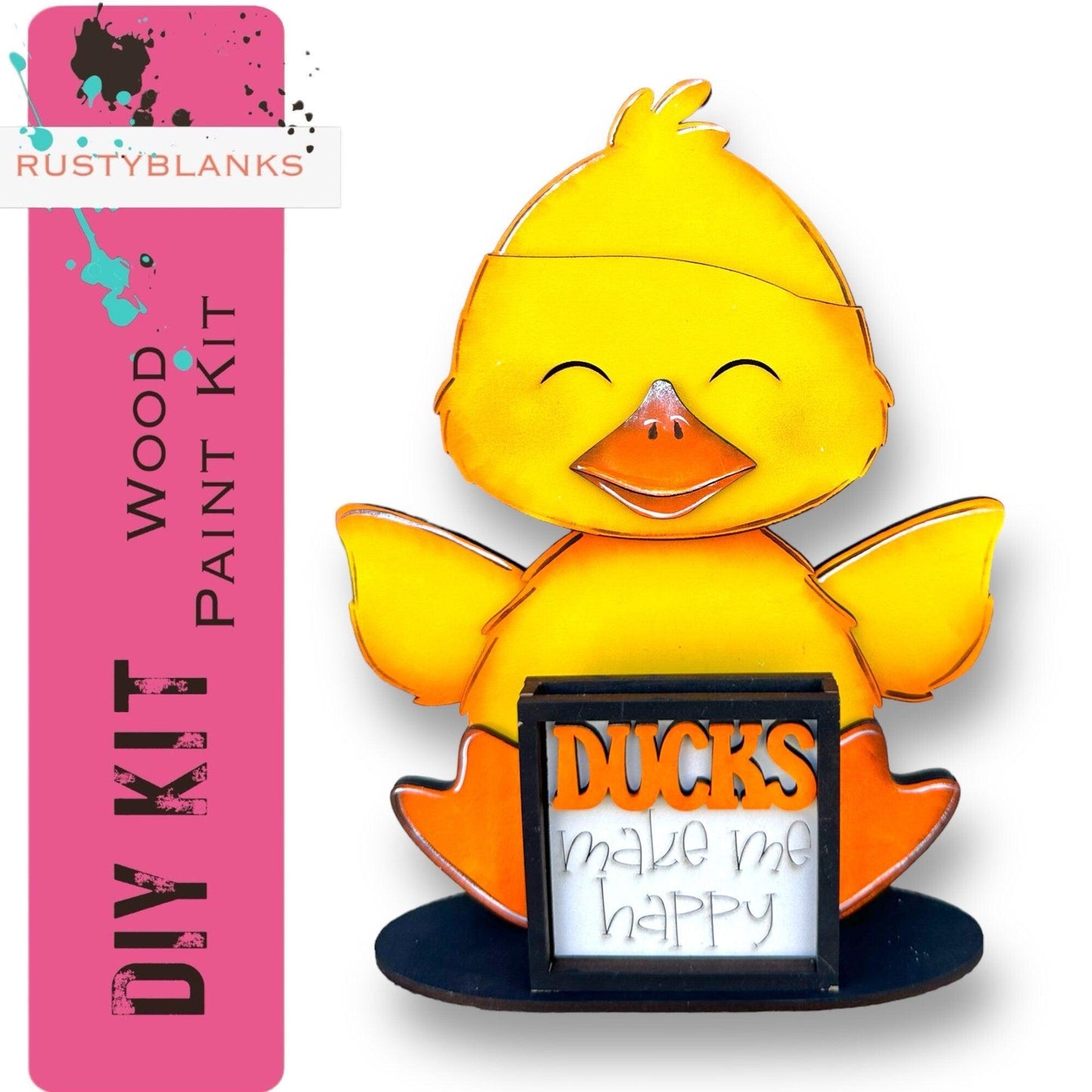 a yellow duck holding a sign that says ducks make me happy