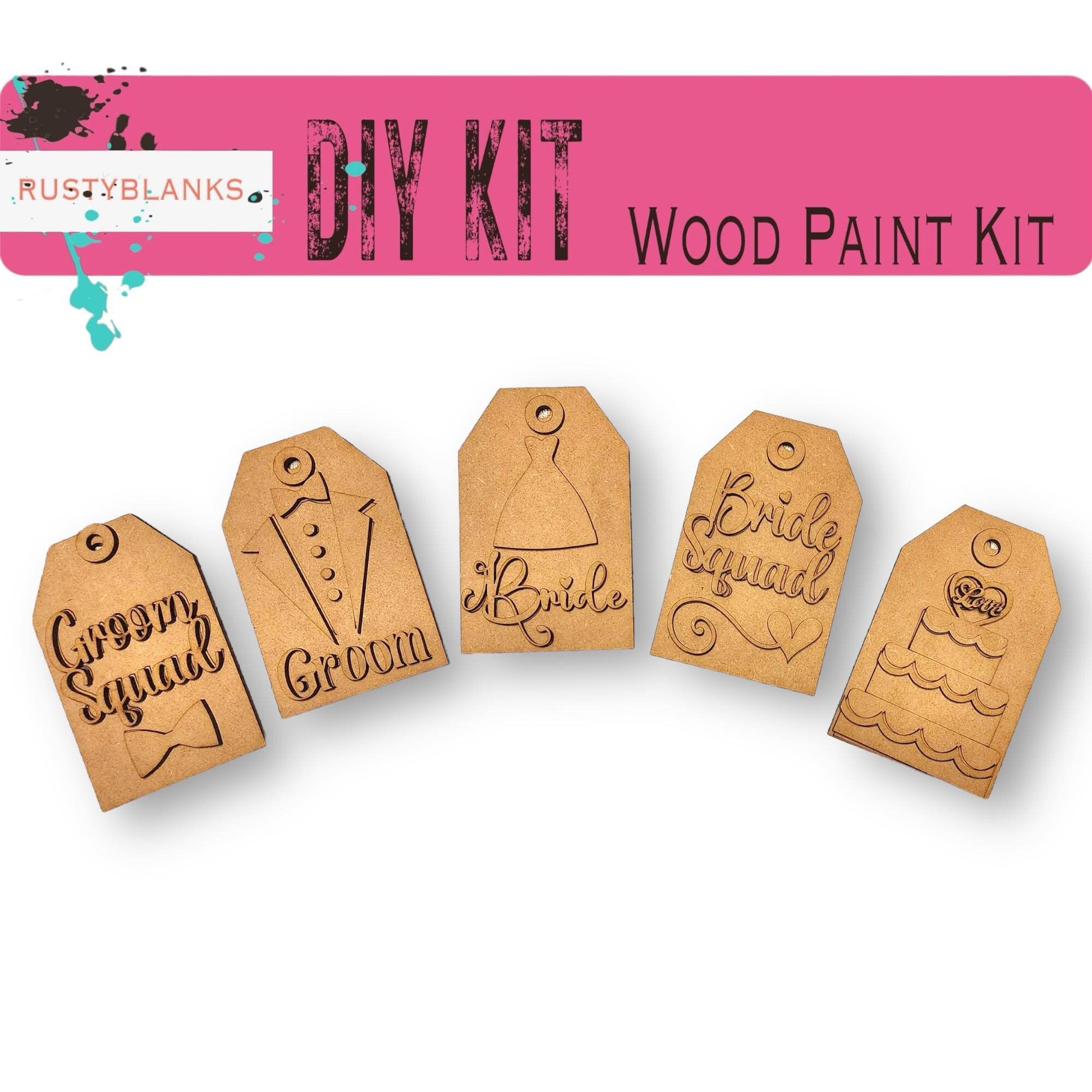a group of wooden tags that say diy kit