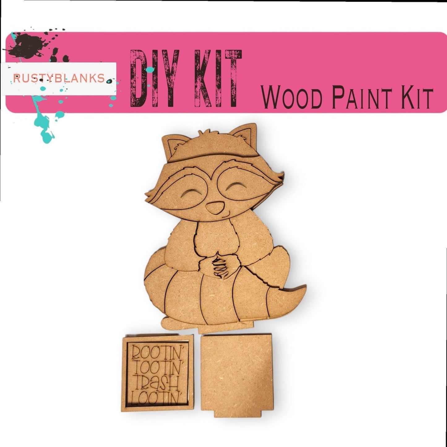 a wooden craft kit with a picture of a raccoon