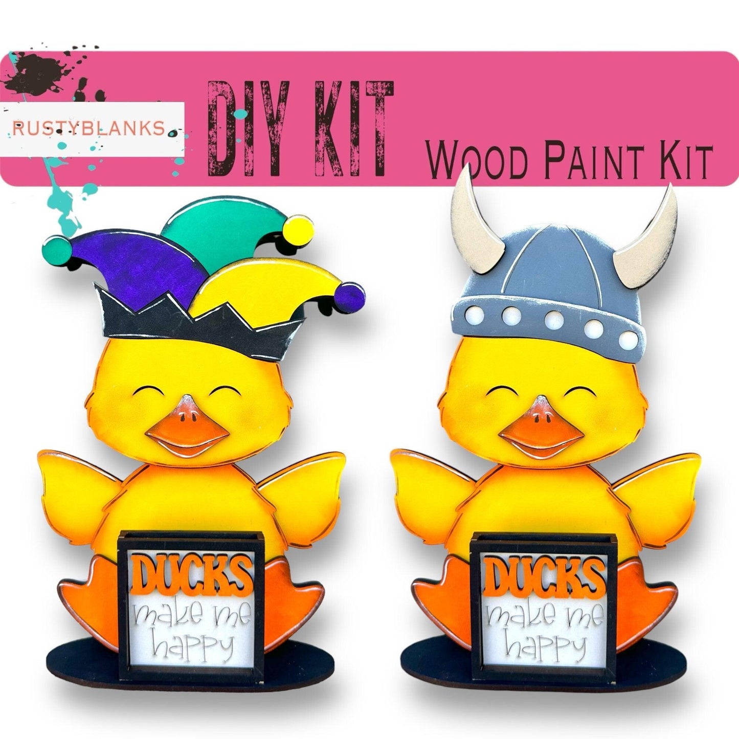 a pair of ducks wearing crowns and holding a sign