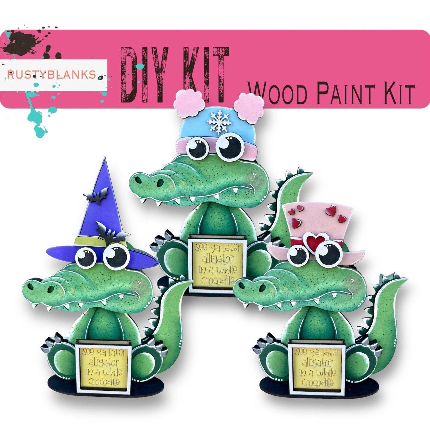 a picture of three alligators with hats on their heads