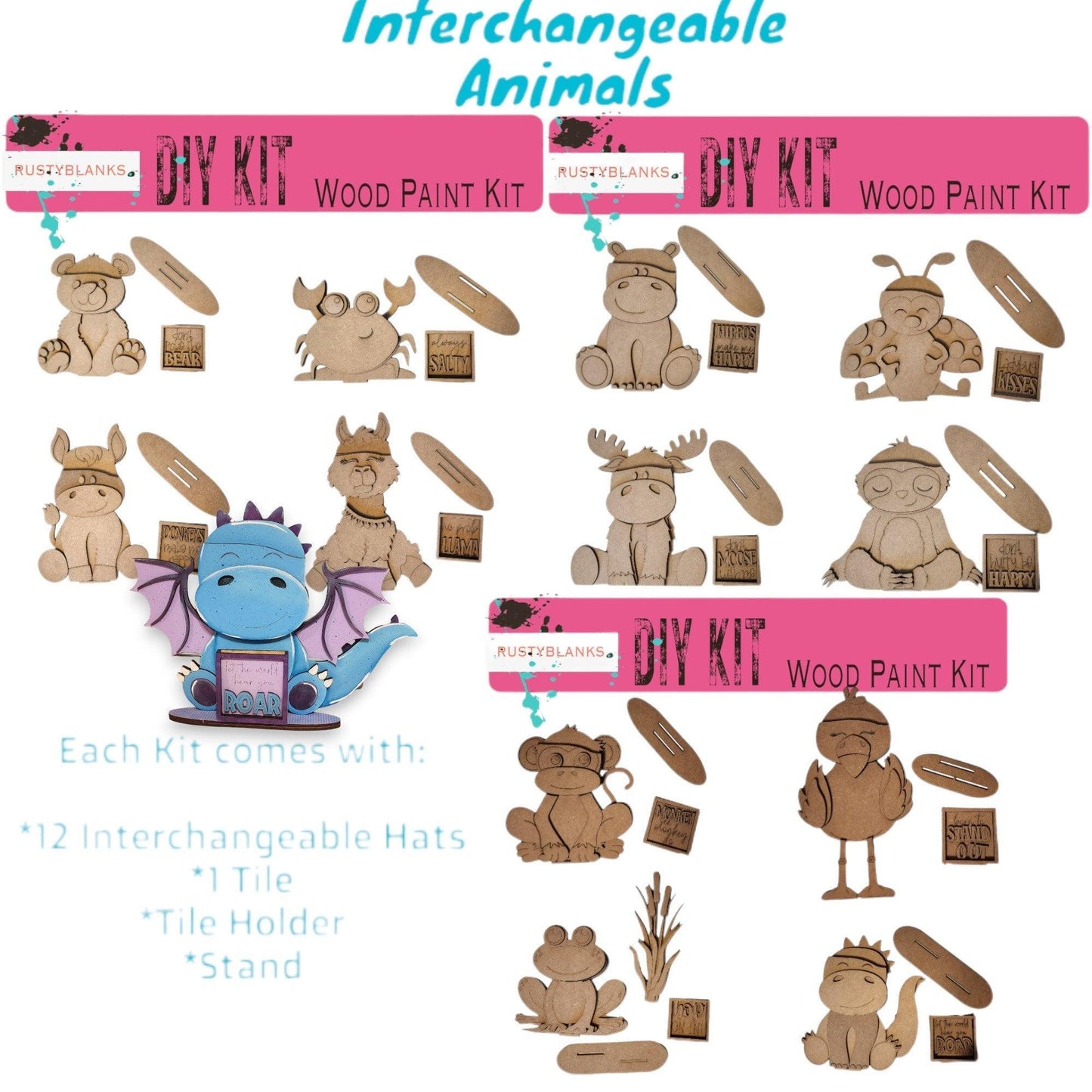 Elephant Interchangeable Animal with 13 Interchangeable Seasonal Hats, Insert and tile holder, Season DIY Decor RusticFarmhouseDecor