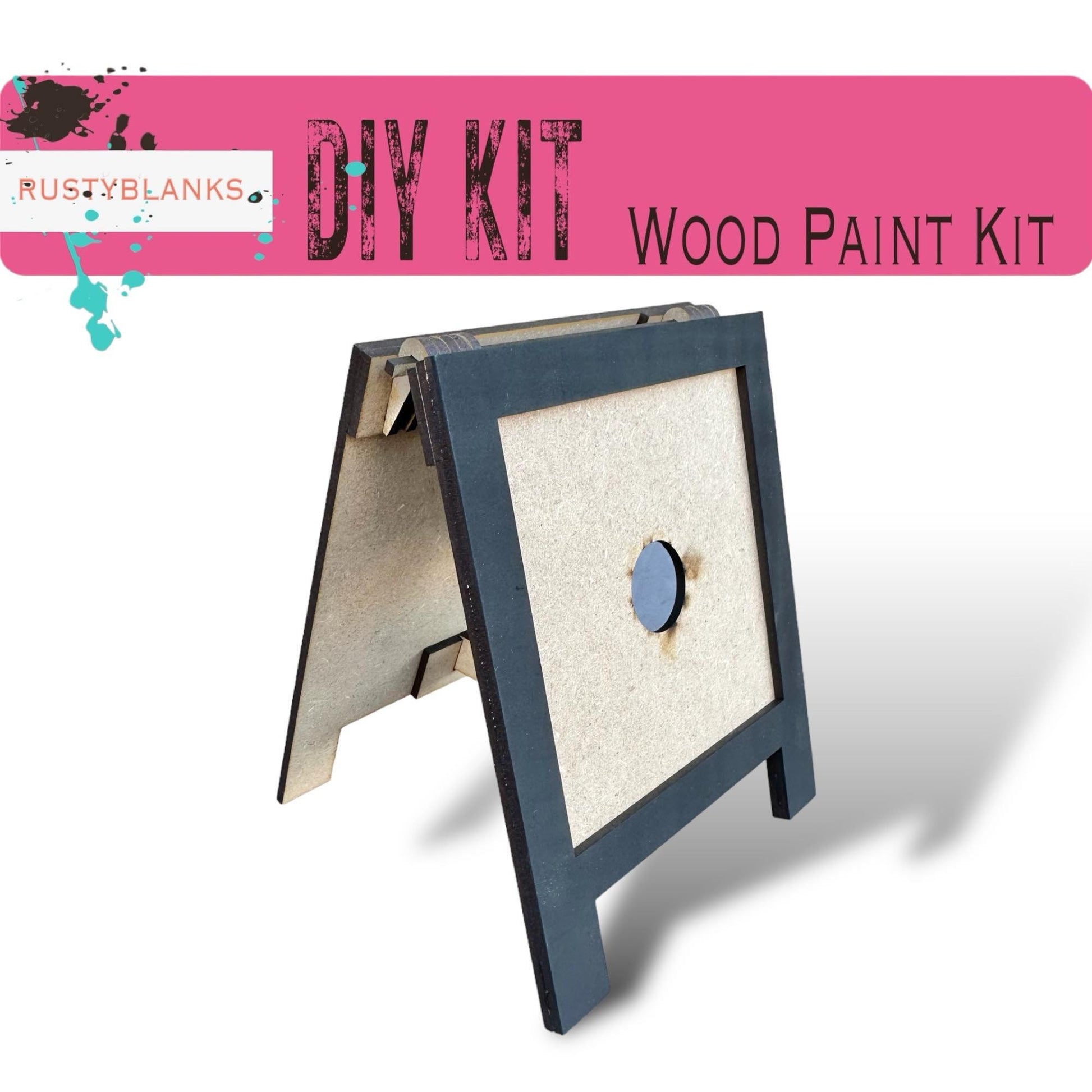 a wooden paint kit with a hole in it