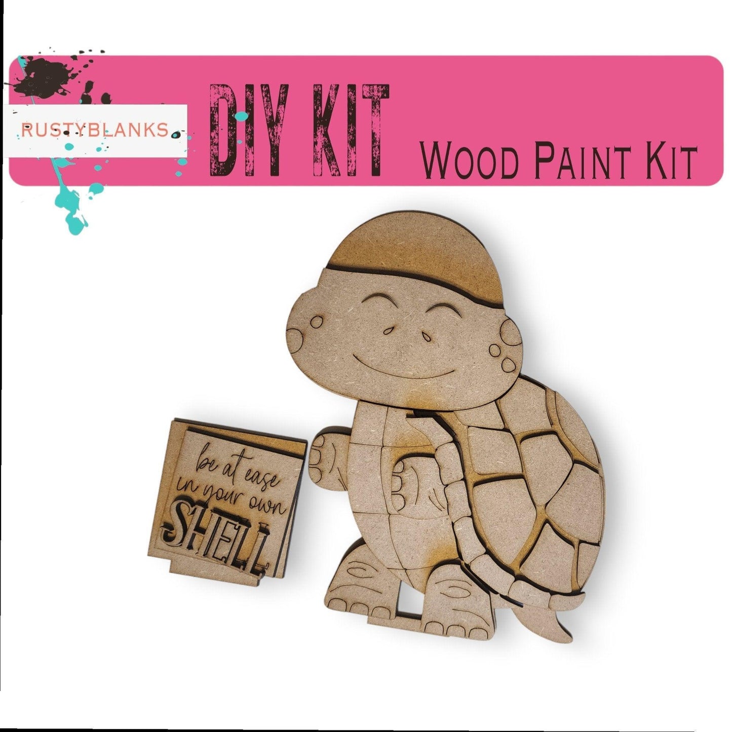 a wooden cutout of a turtle holding a sign