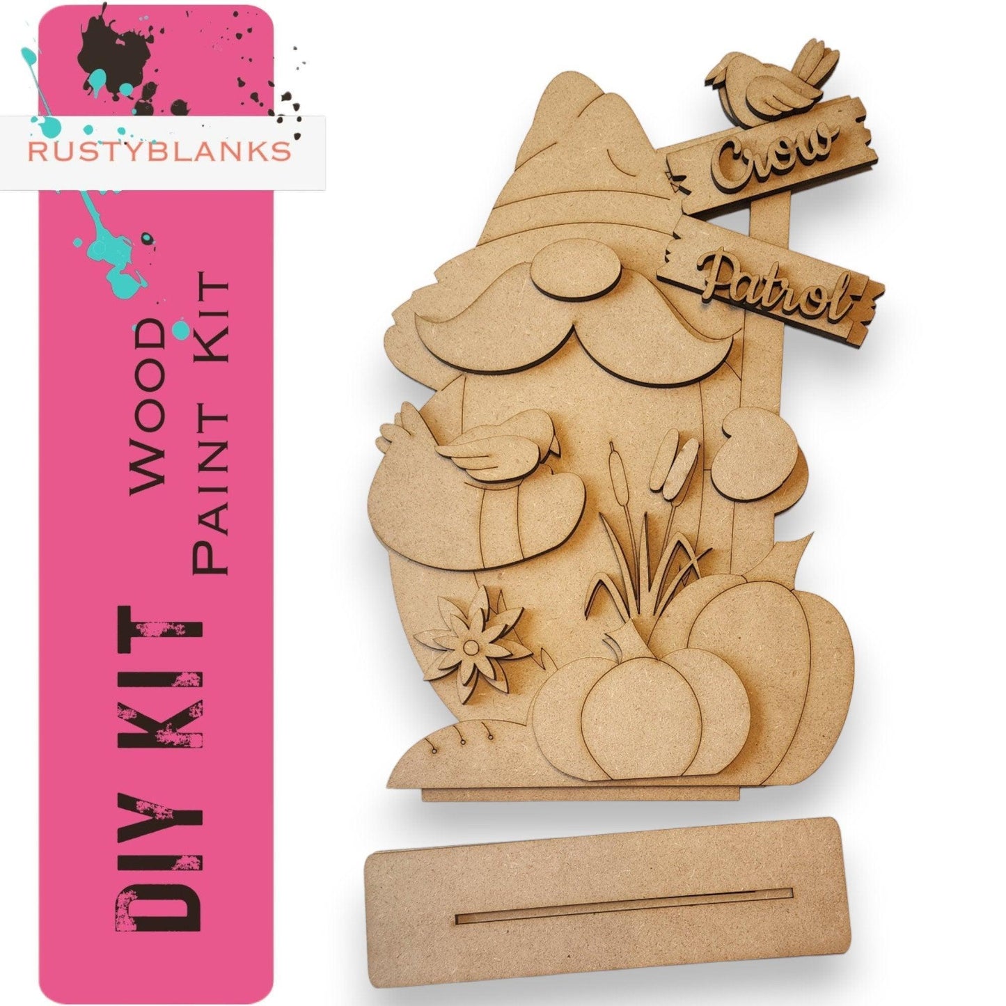 a wooden cutout of a santa clause holding a sign