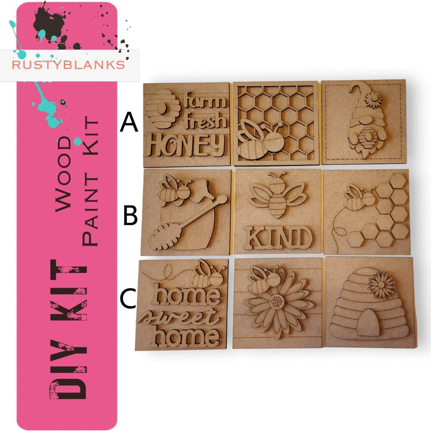 a set of four wooden stamps with words and animals