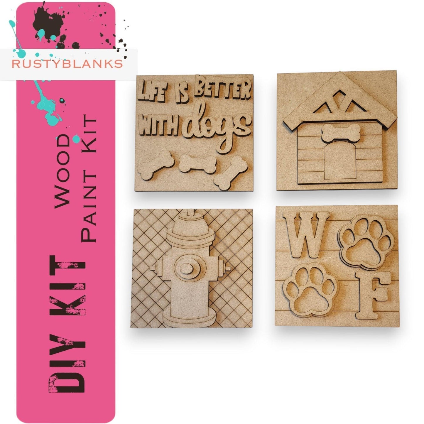 a set of four wooden cutouts of a dog house, fire hydrant,