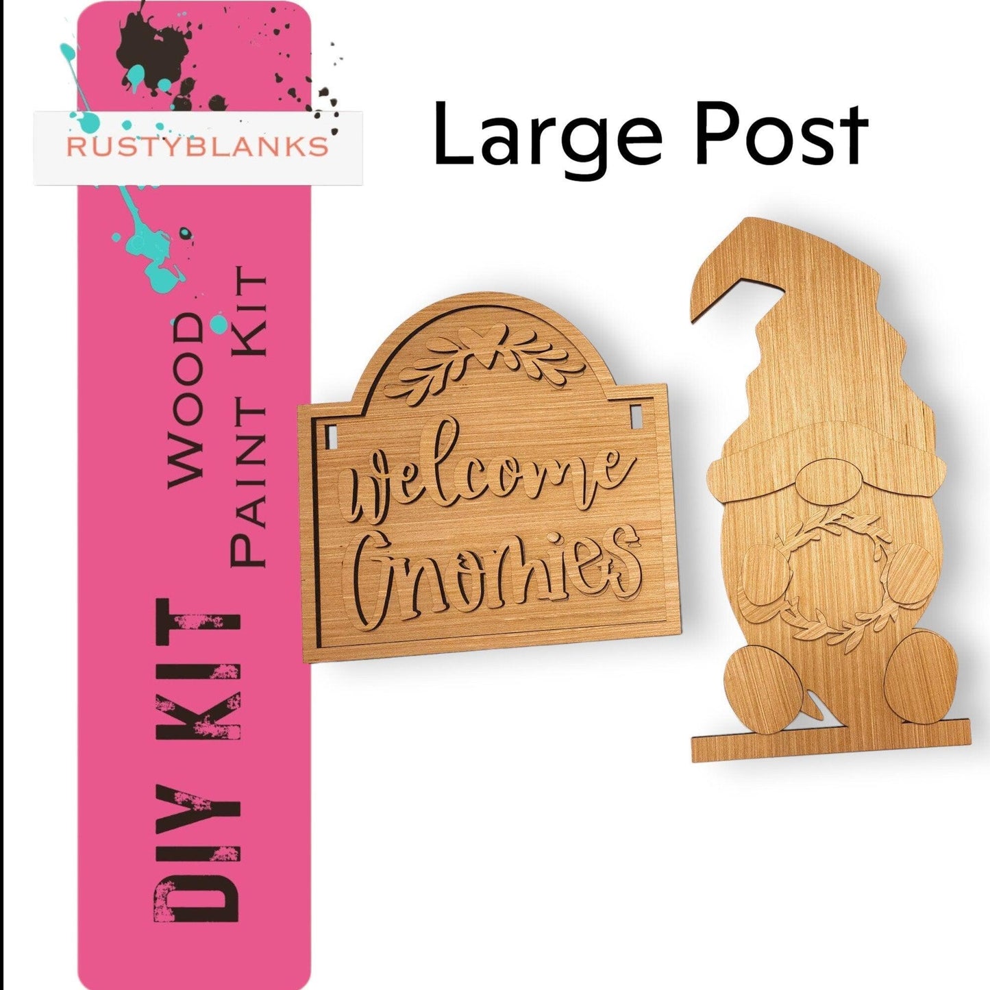 a wooden welcome sign and a wooden bunny
