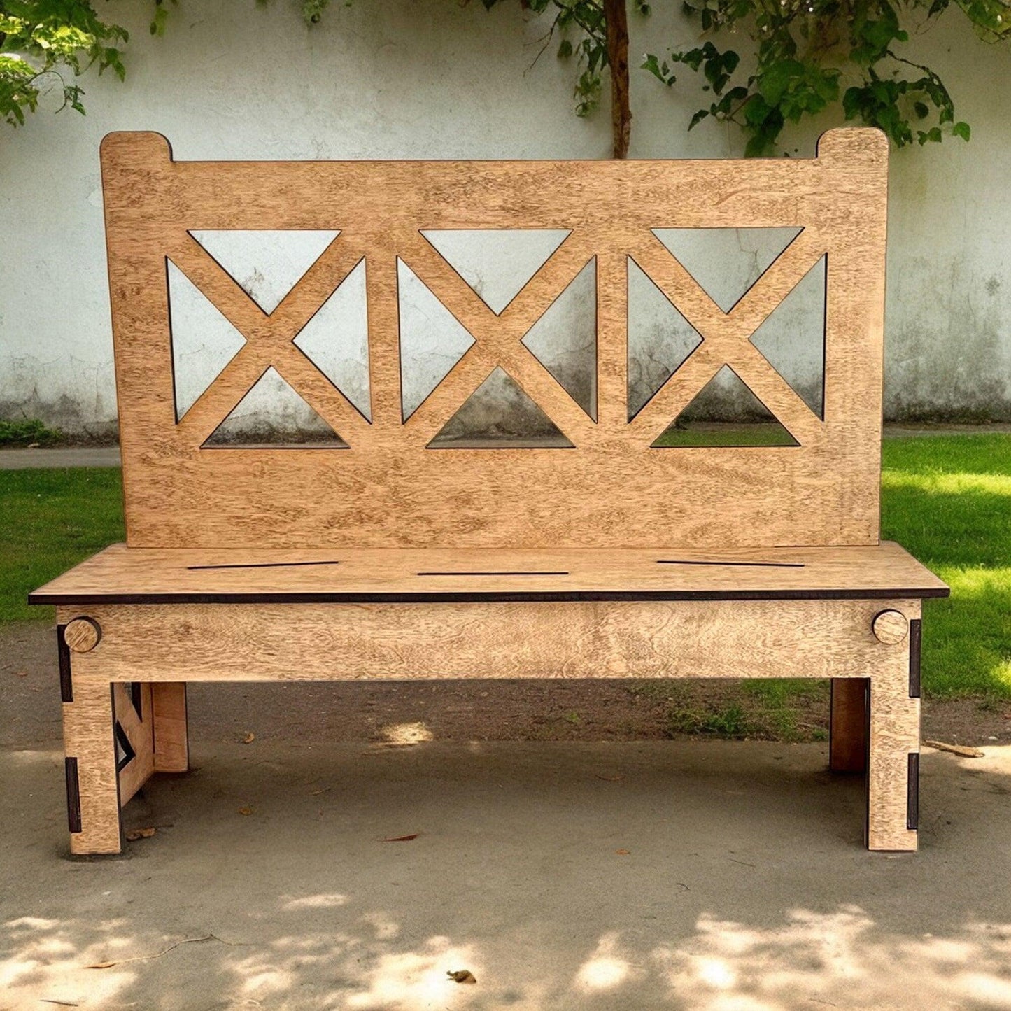 a wooden bench sitting on top of a sidewalk