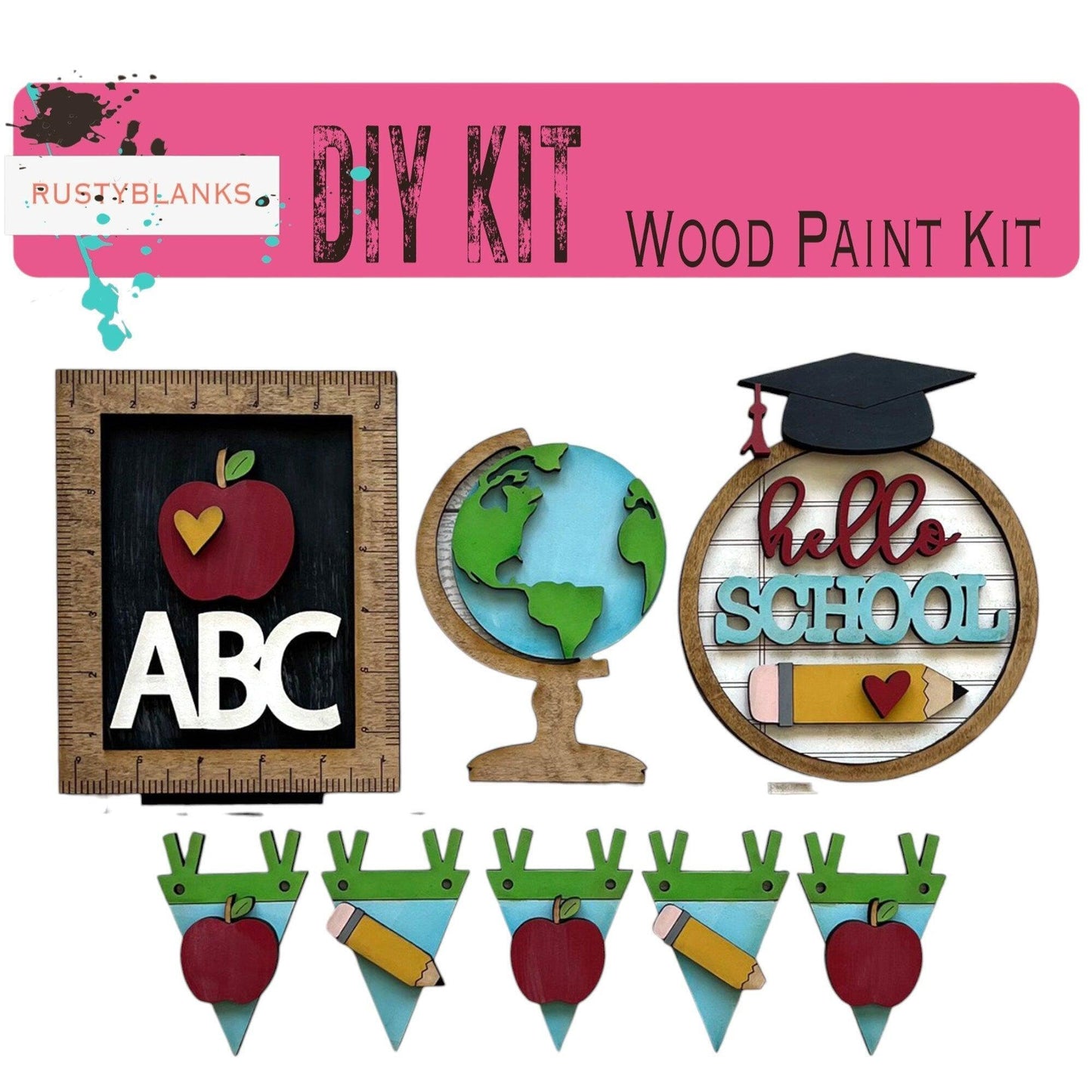 a collage of school supplies including a picture of an apple, a globe,