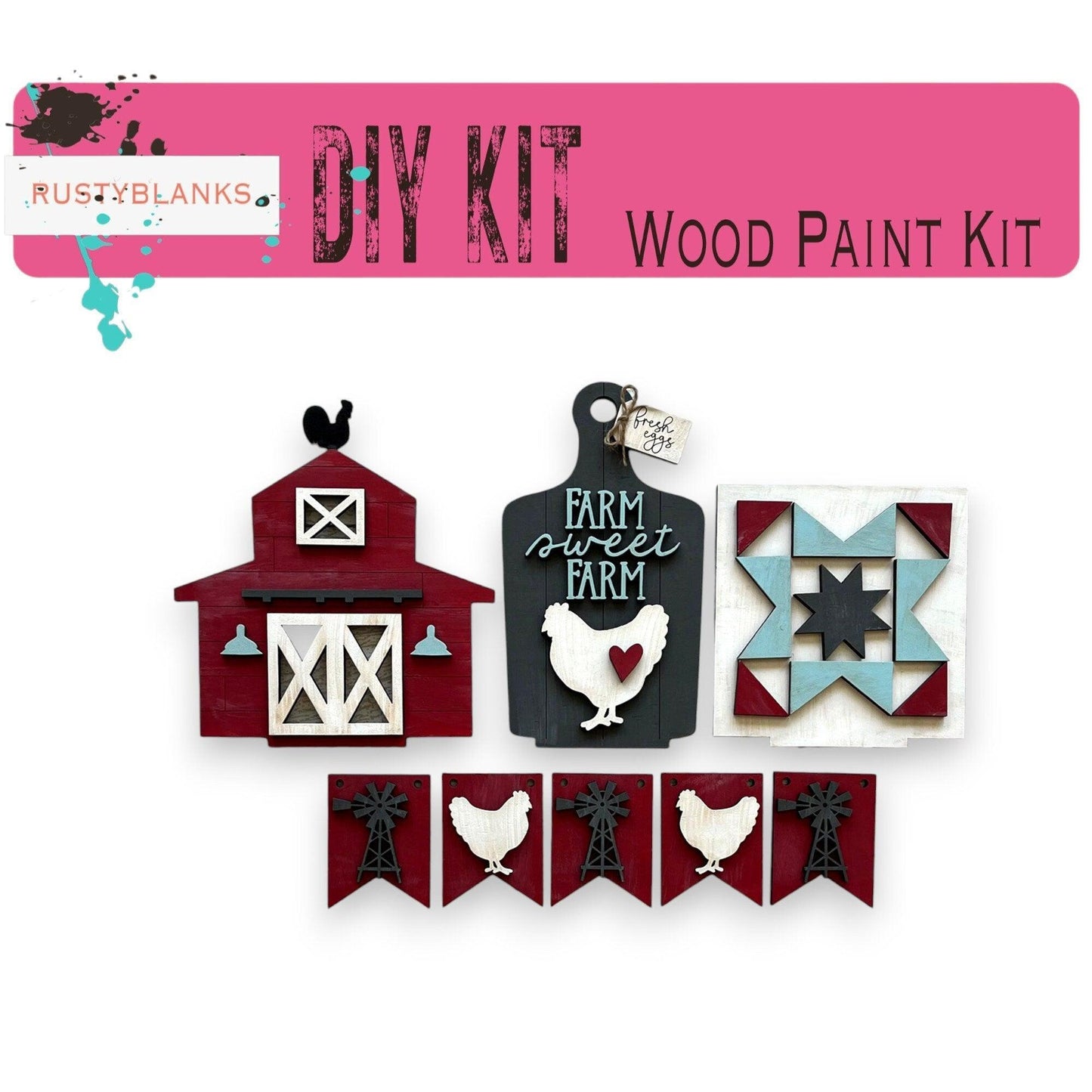 a group of farm themed items are displayed