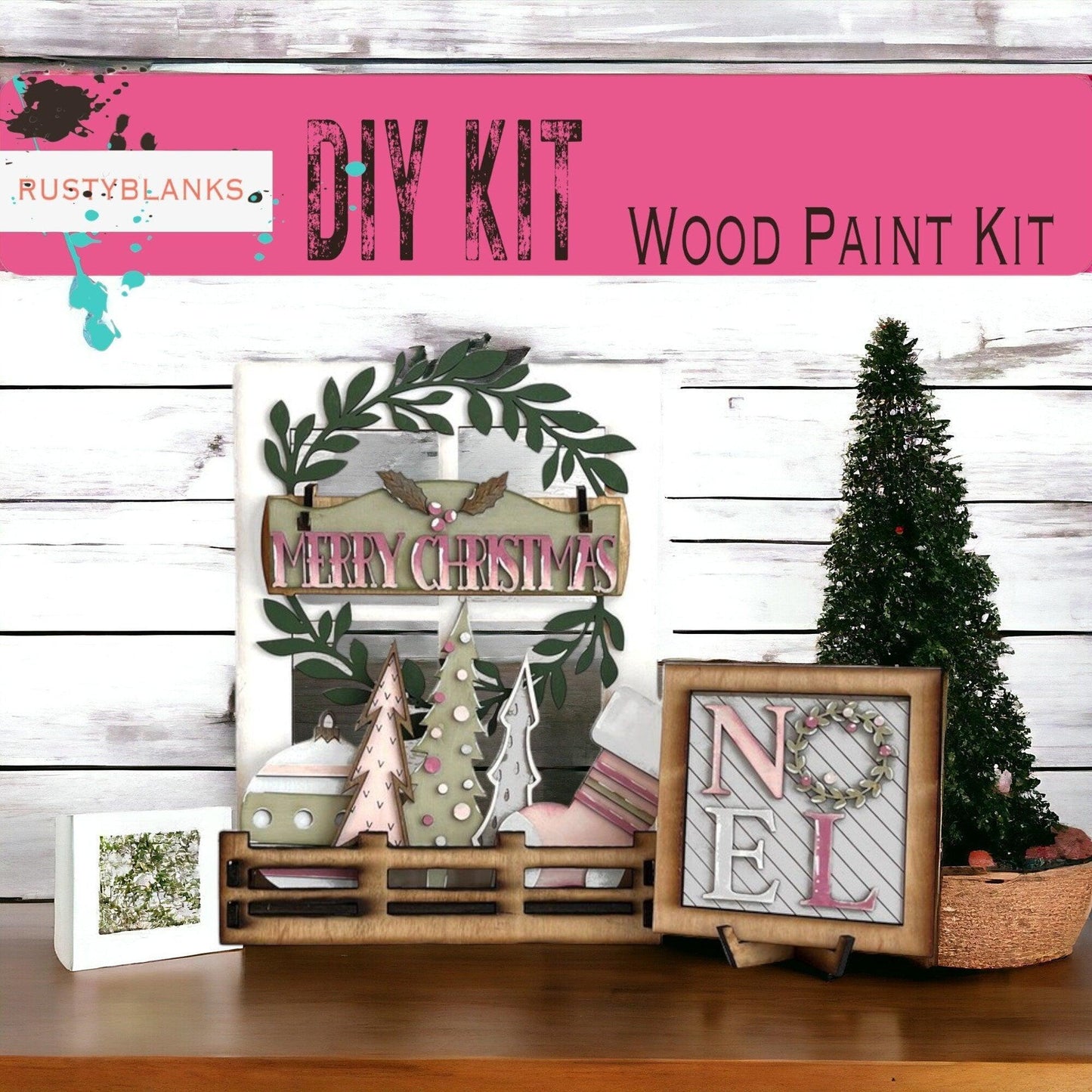 a table topped with a wooden box filled with christmas decorations