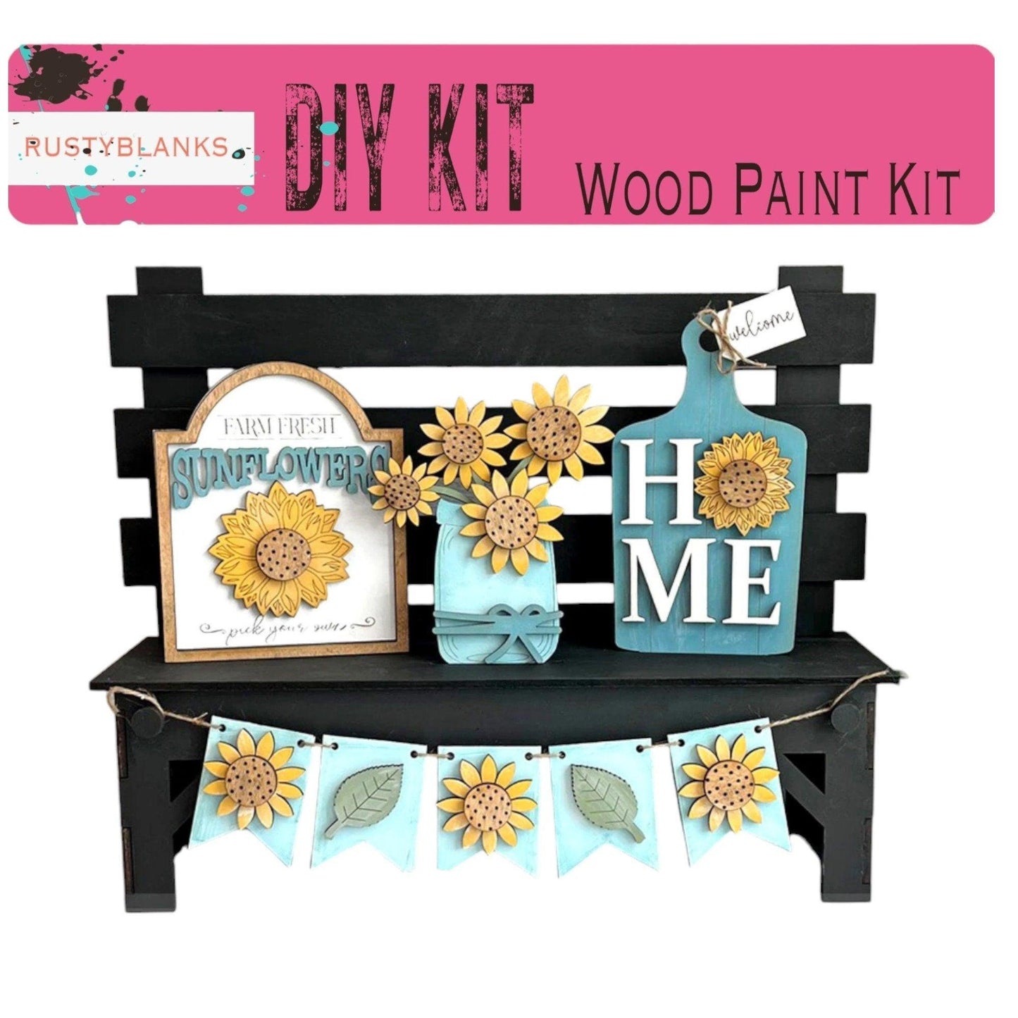 a wooden painted bench with sunflowers on it