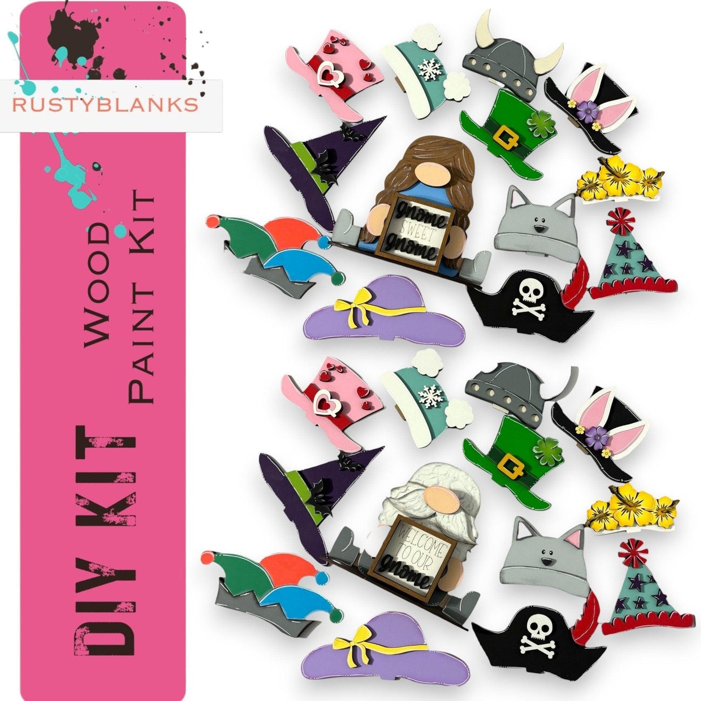Gnome Couple Animal Hats with 13 Interchangeable Seasonal Hats, Insert and tile holder, Season DIY Decor RusticFarmhouseDecor