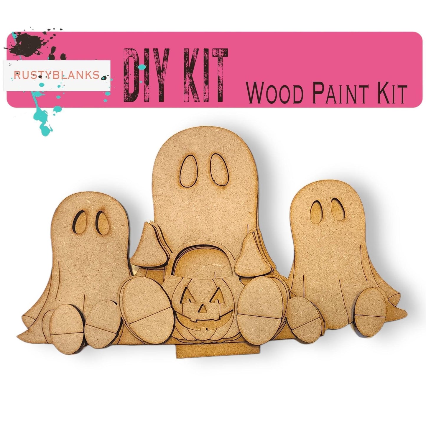 a group of wooden cutouts of ghost and pumpkins