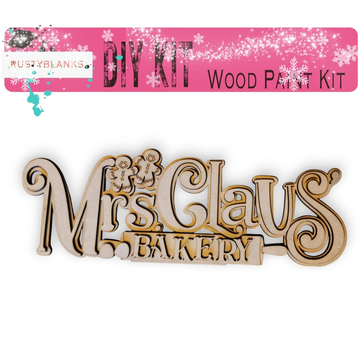 a wooden cutout of the word mrs claus's bakery