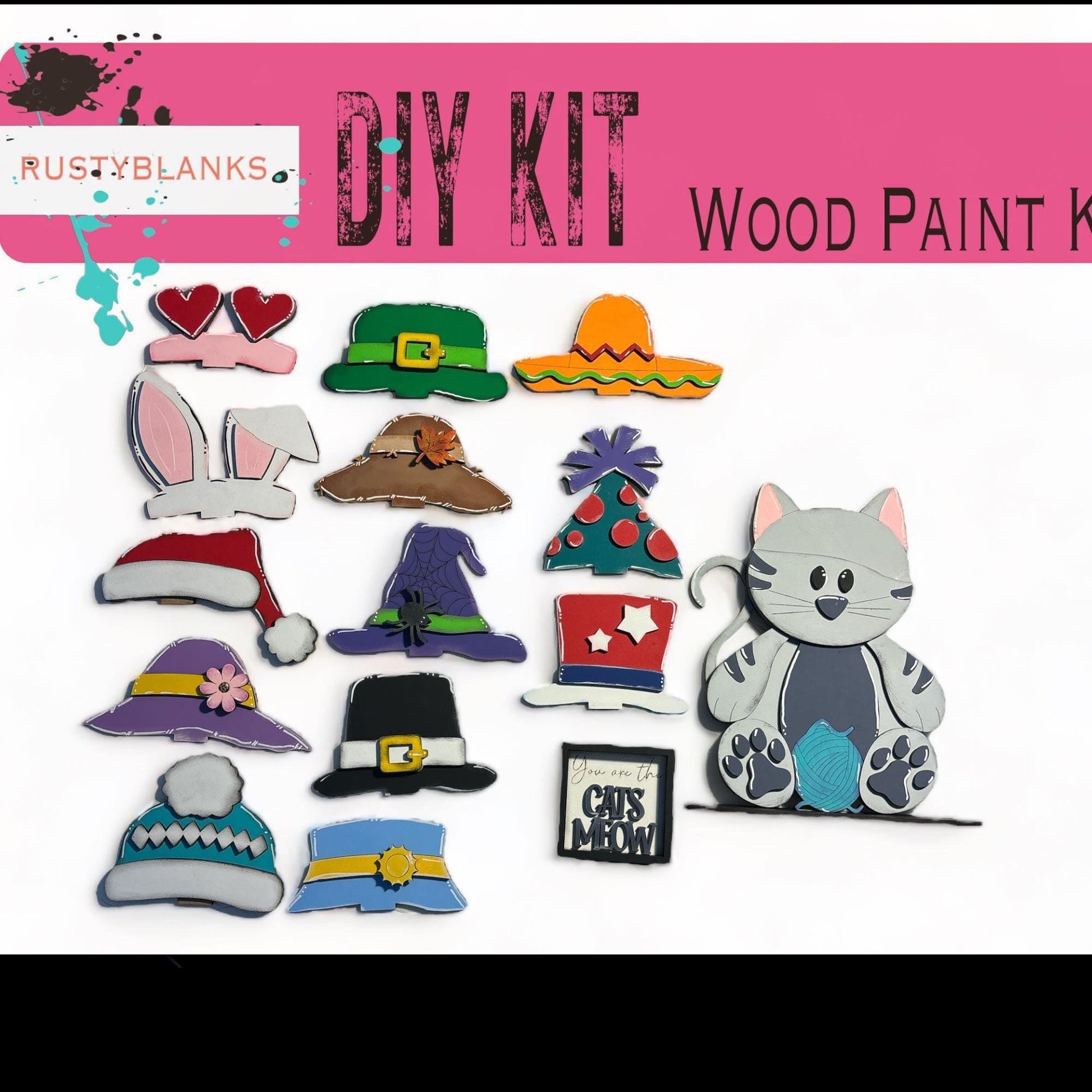Interchangeable Cat with 13 Seasonal Hats, Insert and tile holder, Season DIY Decor - RusticFarmhouseDecor