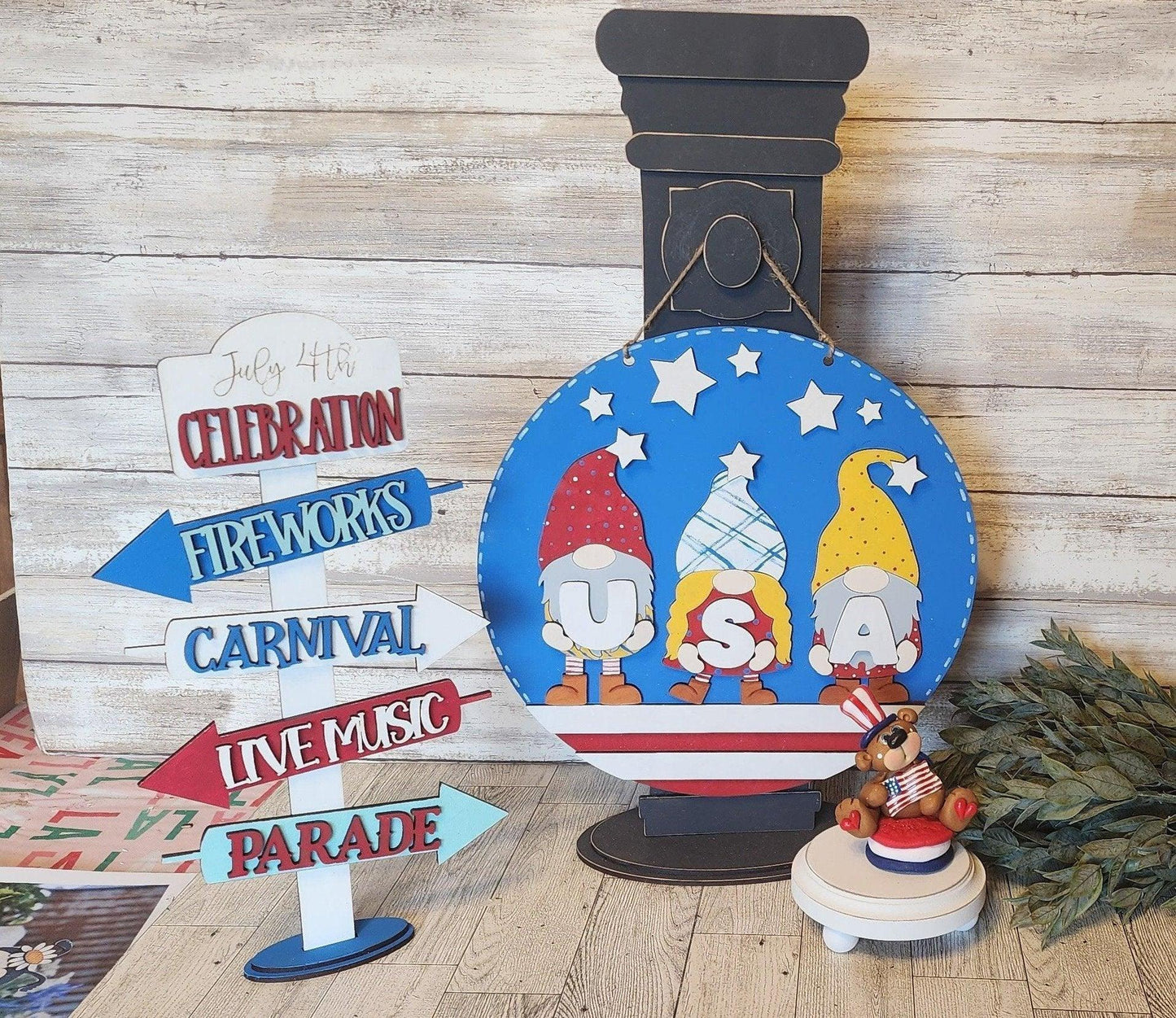 Premade Patriotic USA Gnomes Door Hanger Indenpendence Day Sign - RusticFarmhouseDecor