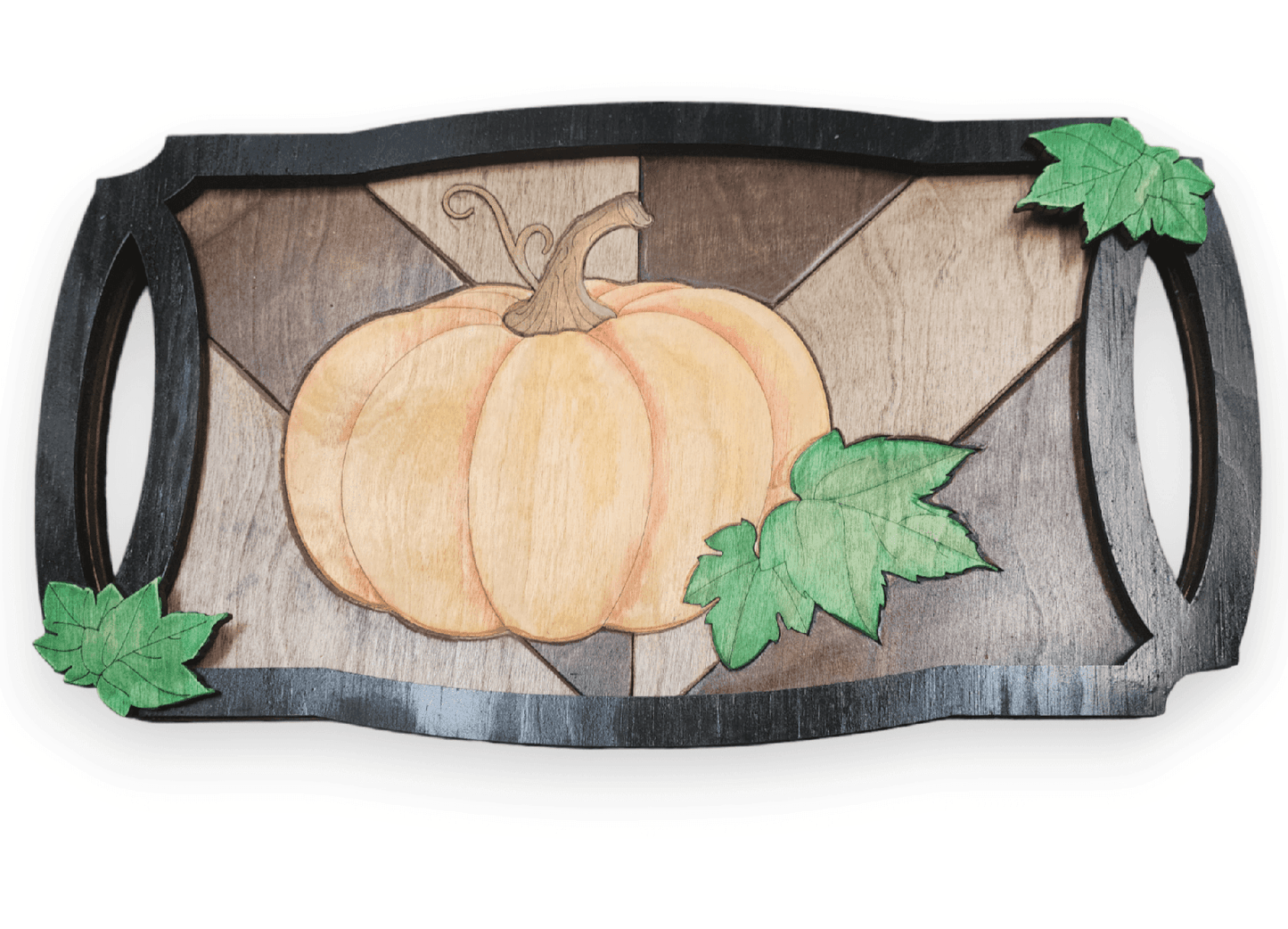 Premade Pumpkin Fall Leaves Homedecor Tray - Quilted Herringbone Patchwork Design Serving Tray - RusticFarmhouseDecor