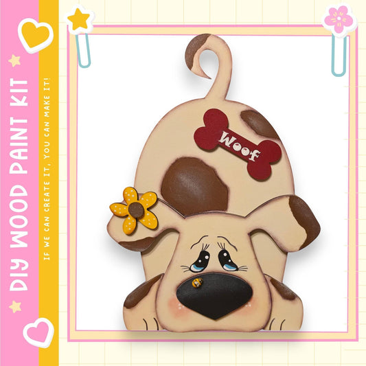 RusticFarmhouseDecor DIY dog shelf sitter craft kit, unpainted wood with bone accent and flower detail.