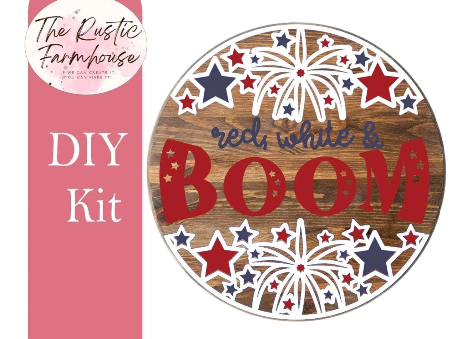 Summer Patriotic Door Hanger Red White & Boom, Unfinished DIY Wood Kit, Blanks to Decorate Home Decor, DIY Door Hanger - RusticFarmhouseDecor