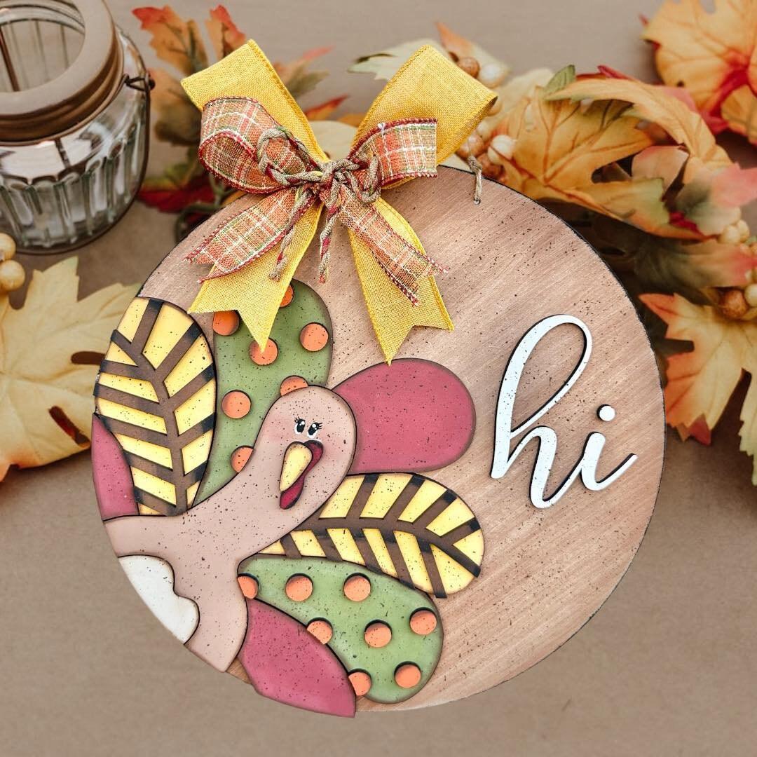 Thanksgiving Turkey Hi Door Hanger DIY Wood Blank Round Kit - RusticFarmhouseDecor