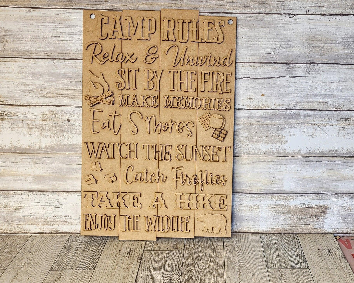 Camp Rules Door Hanger, Unfinished DIY Wood Kit, Blanks to Decorate Home Decor, DIY Door Hanger - RusticFarmhouseDecor