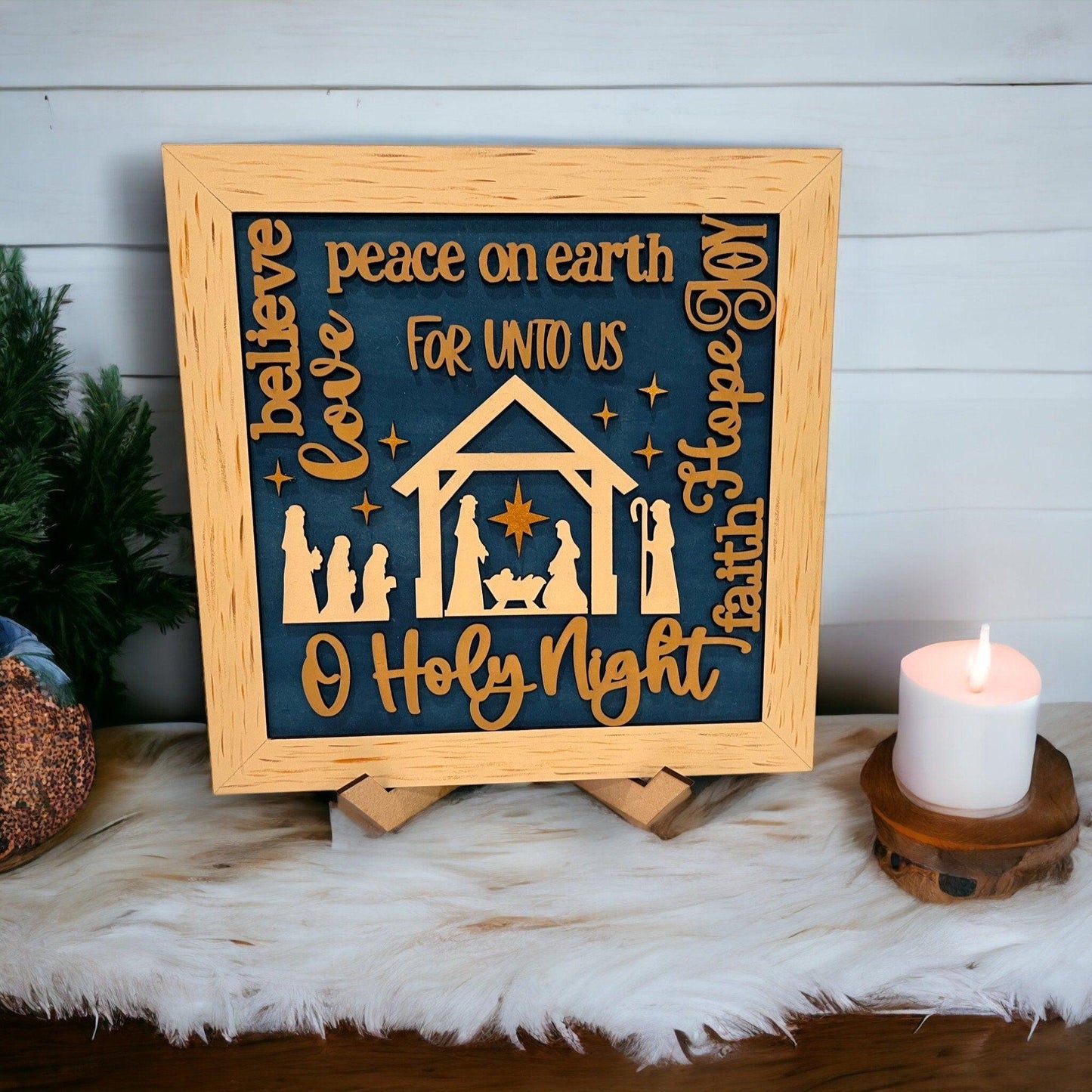 Christmas Framed Word Collage Sign and Stand, O Holy Night - RusticFarmhouseDecor