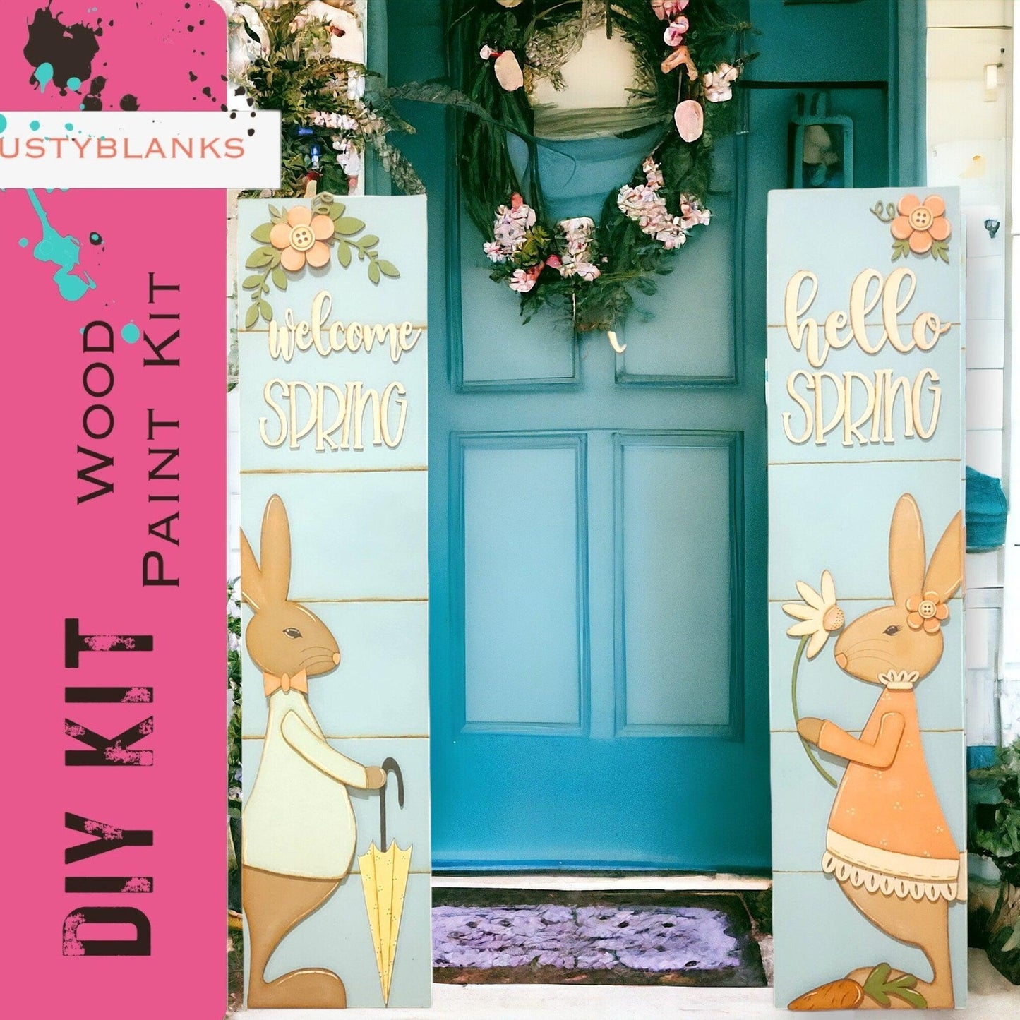 DIY Porch Leaner Spring Bunnies with Flowers and Umbrella - RusticFarmhouseDecor
