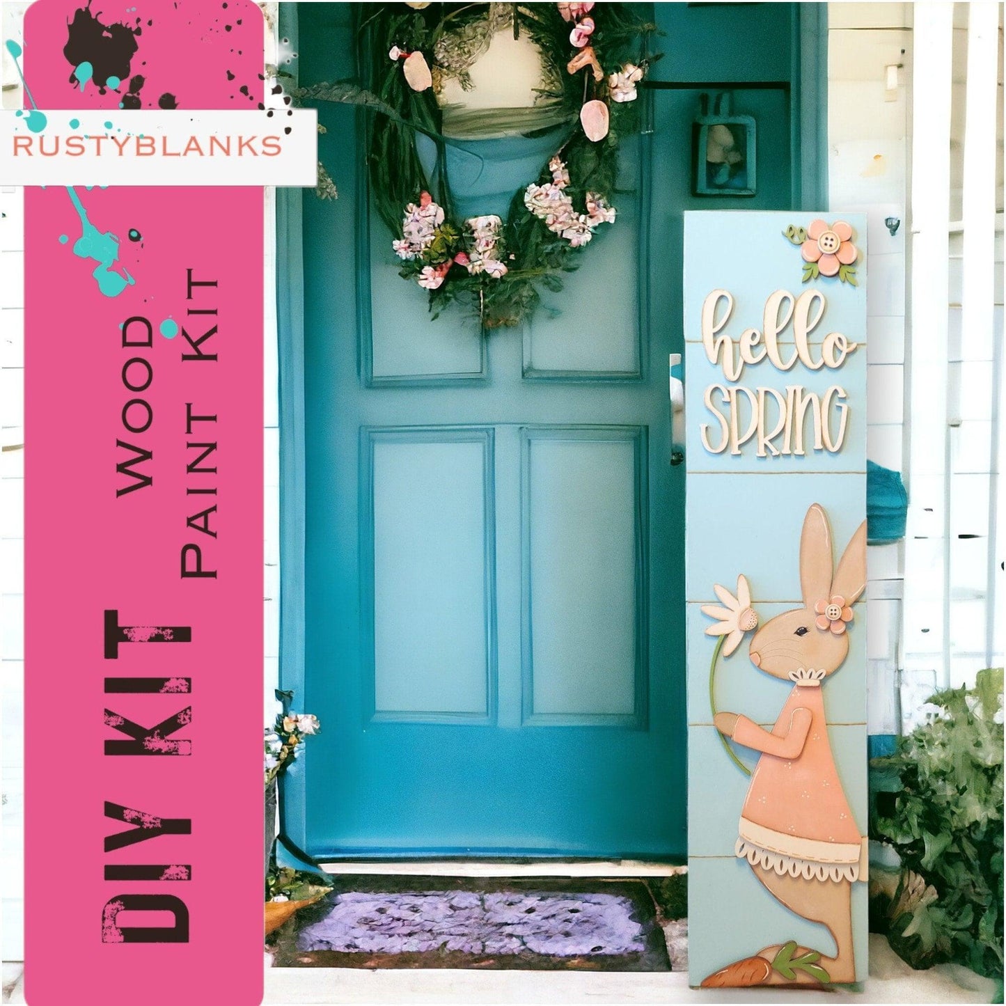 DIY Porch Leaner Spring Bunnies with Flowers and Umbrella - RusticFarmhouseDecor