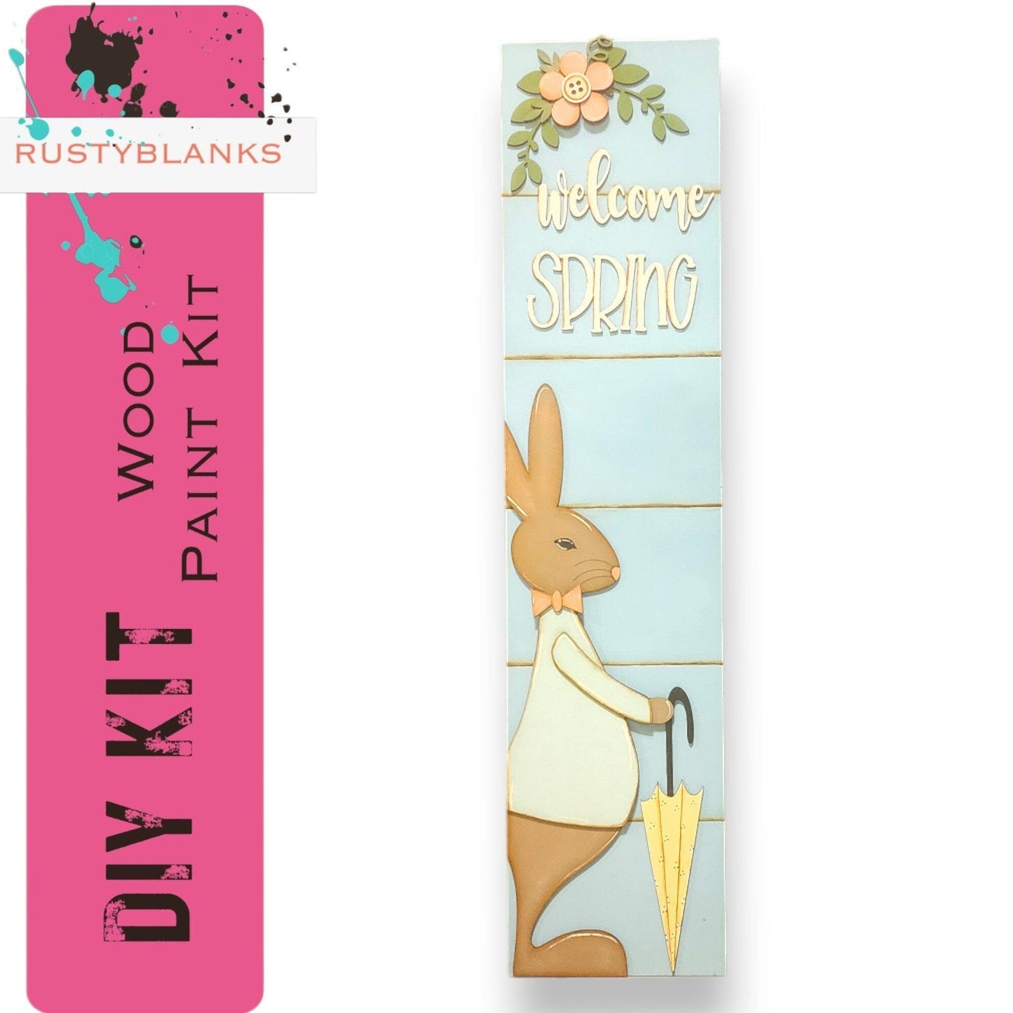 DIY Porch Leaner Spring Bunnies with Flowers and Umbrella - RusticFarmhouseDecor