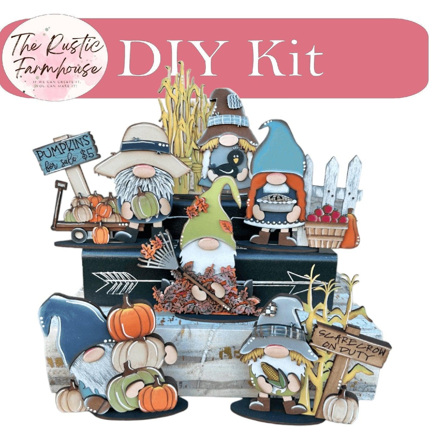 Fall Standing Gnomes Shelf Sitter, DIY Gnome kit, Tiered Tray Decor - RusticFarmhouseDecor