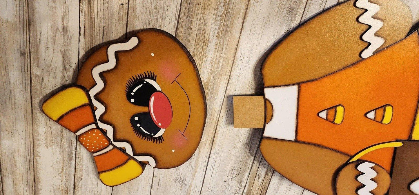 Gingerbread Candy Corn Greeter in Halloween Costume, DIY Halloween Wood Blanks, DIY Halloween Porch Greetersn - RusticFarmhouseDecor