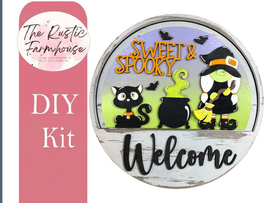 Halloween Sweet and Spooky Welcome Sign with interchangeable inserts, DIYFront Door Decor, 11 inch Round Door hanger, DIY Interchangeable Door Hanger, - RusticFarmhouseDecor