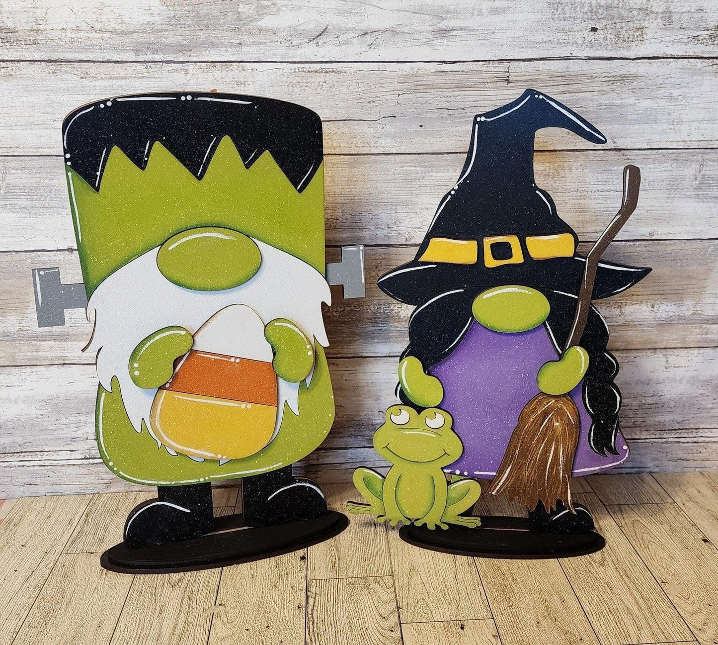 Halloween Witch Gnome Decor handpainted with her Frog and Broom - RusticFarmhouseDecor