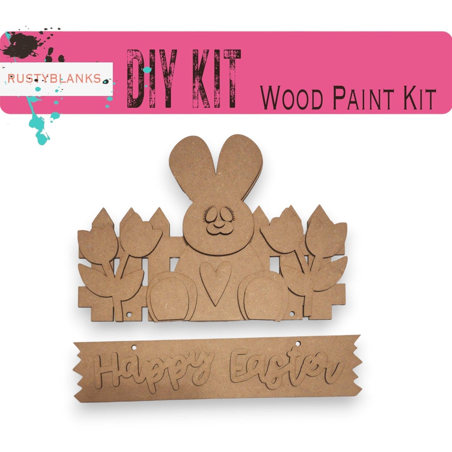 Happy Easter Bunny with Fence Door Hanger, Unfinished DIY Wood Kit, Blanks to Decorate Home Decor, Easter DIY Door Hanger - RusticFarmhouseDecor