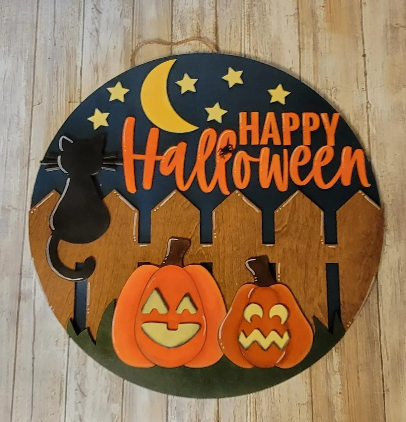 Happy Halloween Cat on Fence Door Hanger - RusticFarmhouseDecor