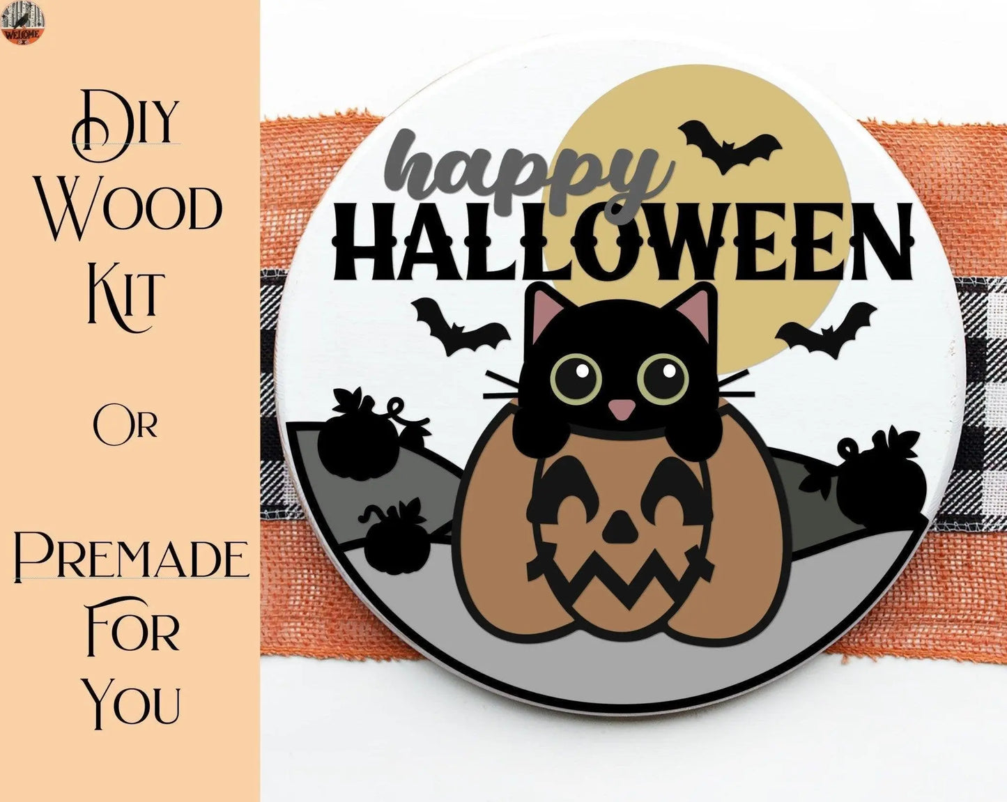 Happy Halloween Kitten in Pumpkin Decor Door Hanger - RusticFarmhouseDecor