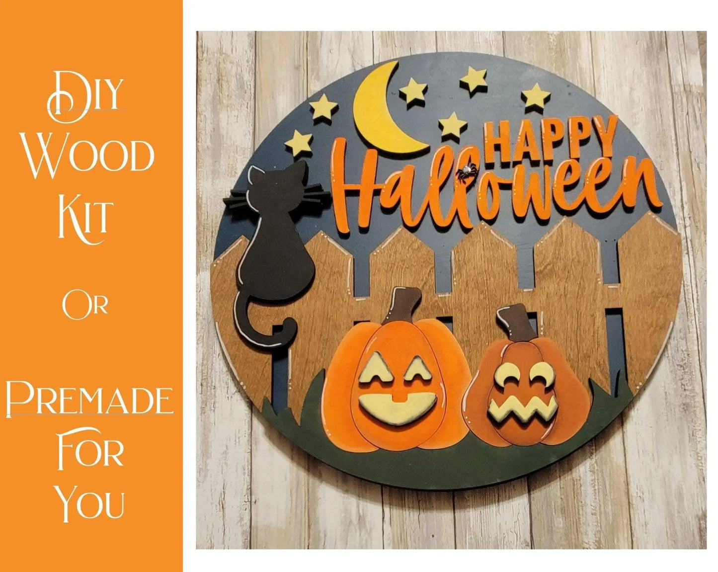 Happy Halloween with a cat on fence Door Hanger - RusticFarmhouseDecor