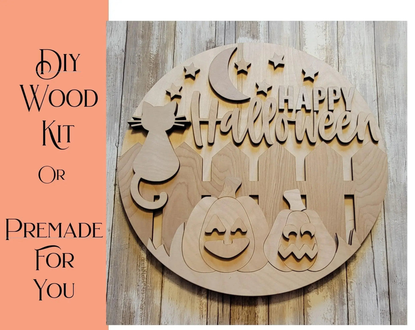 Happy Halloween with a cat on fence Door Hanger - RusticFarmhouseDecor