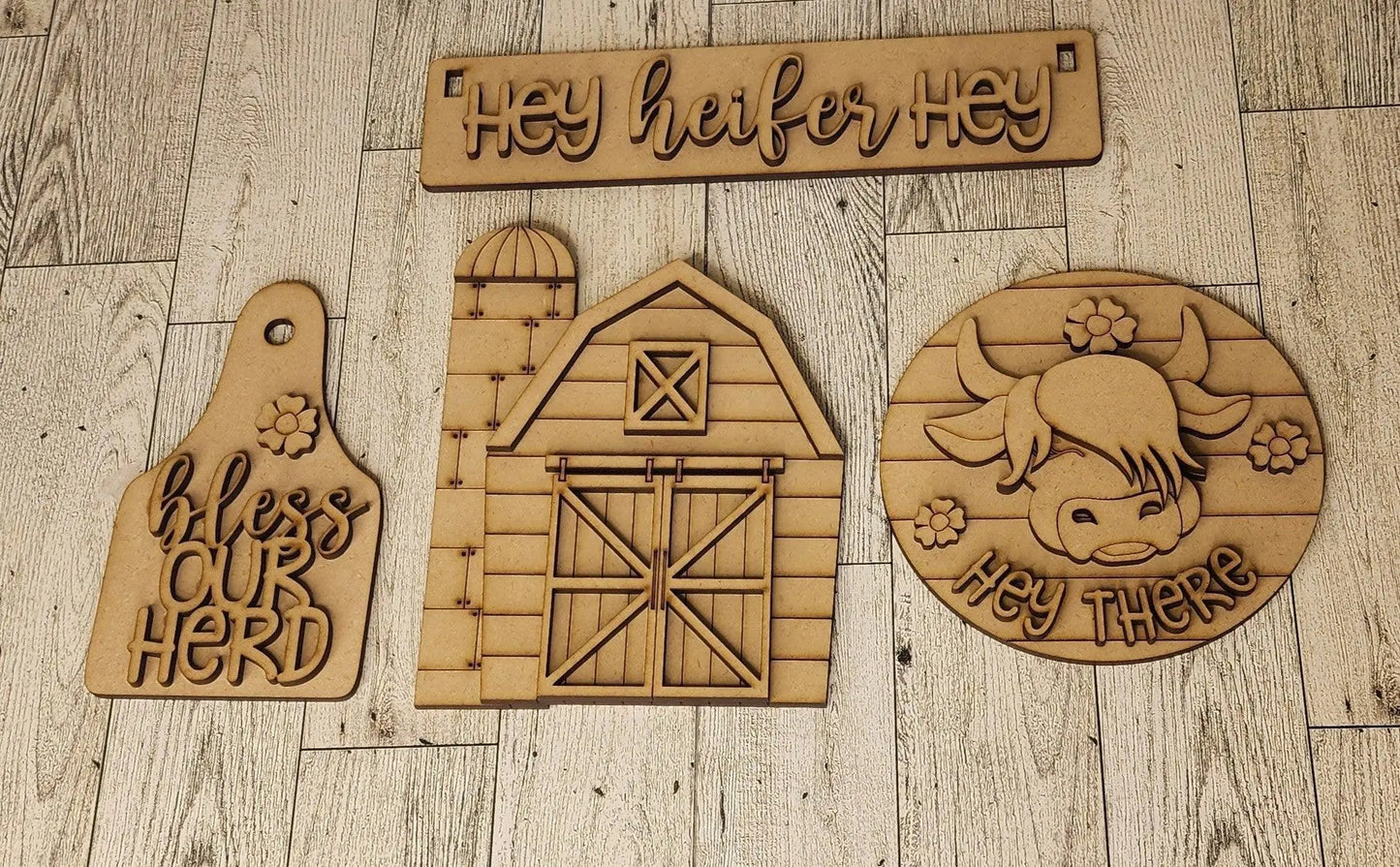 Hey Heifer Hey for Wagon or Raised Shelf Sitter, Unfinished DIY Wood Kit, Blanks to Decorate Home Decor, DIY Wagon - RusticFarmhouseDecor