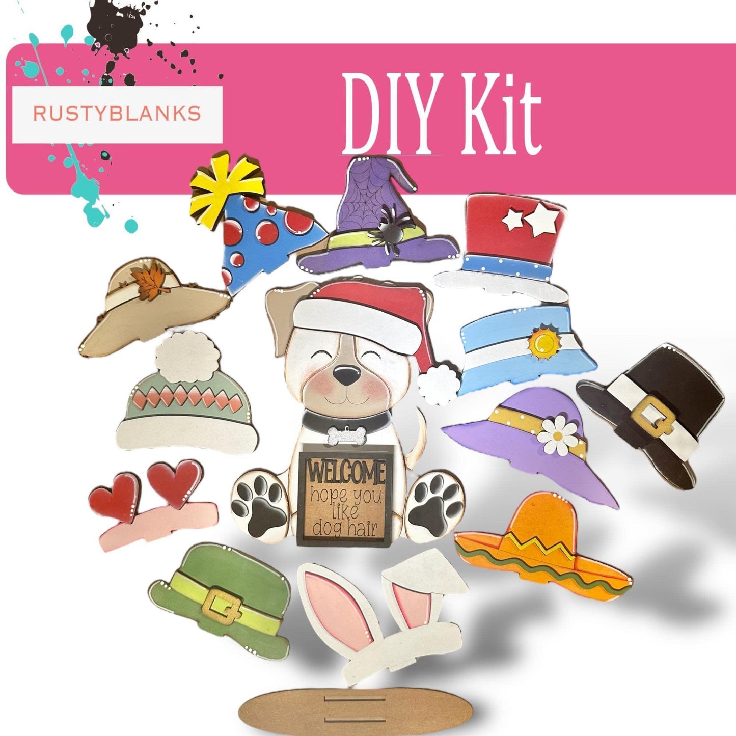 Interchangeable Dog with 13 Seasonal Hats, Insert and tile holder, Season DIY Decor - RusticFarmhouseDecor