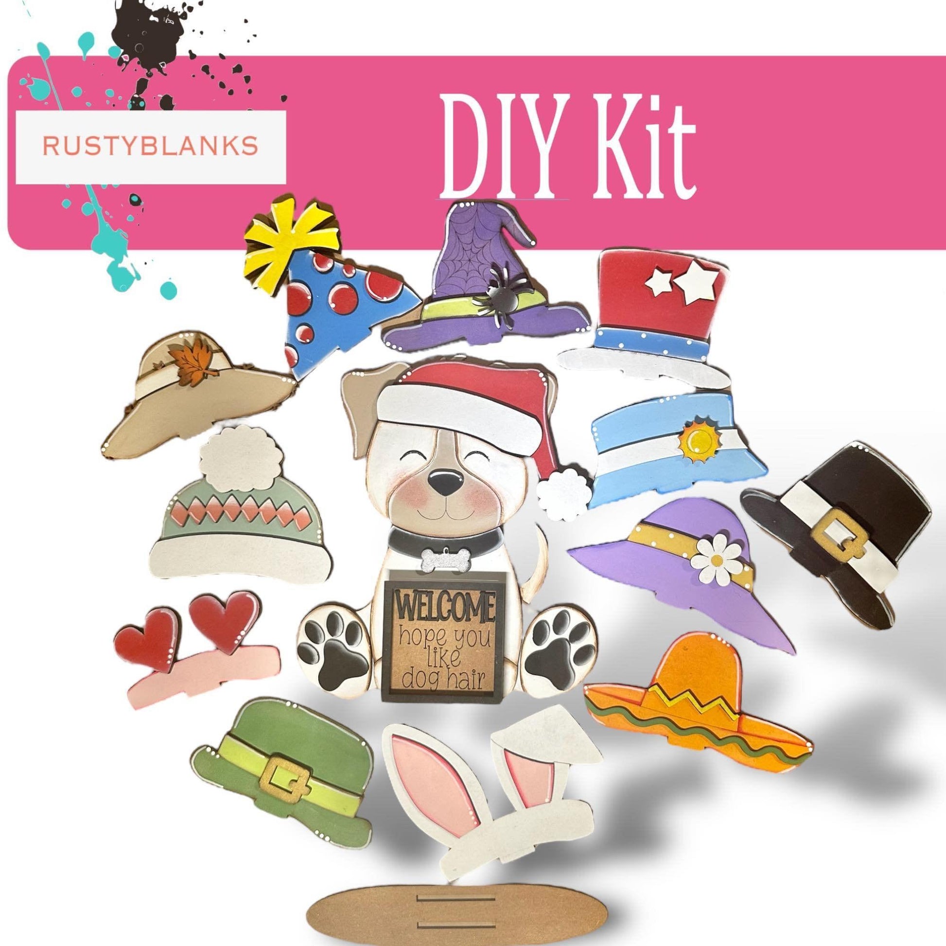 Interchangeable Dog with 13 Seasonal Hats, Insert and tile holder, Season DIY Decor - RusticFarmhouseDecor