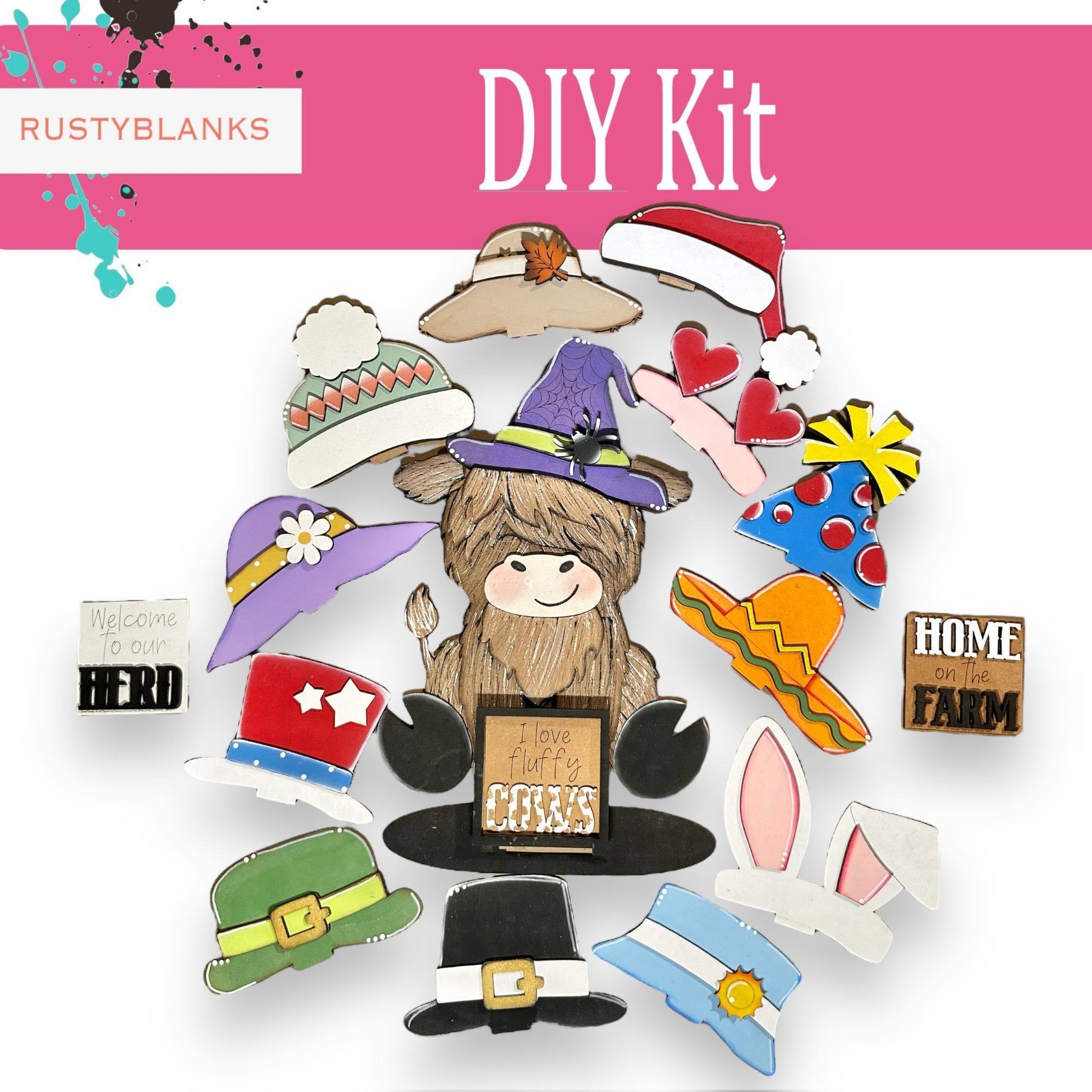 Interchangeable Highland Cow and Hats with a tile holder, Season DIY Decor - RusticFarmhouseDecor