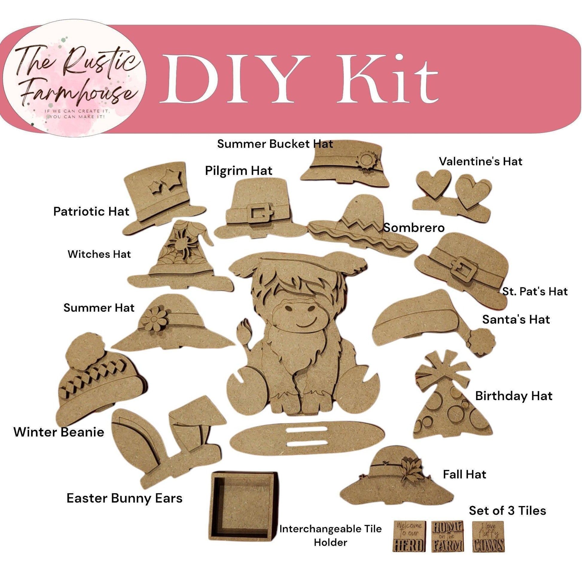 Interchangeable Highland Cow and Hats with a tile holder, Season DIY Decor - RusticFarmhouseDecor