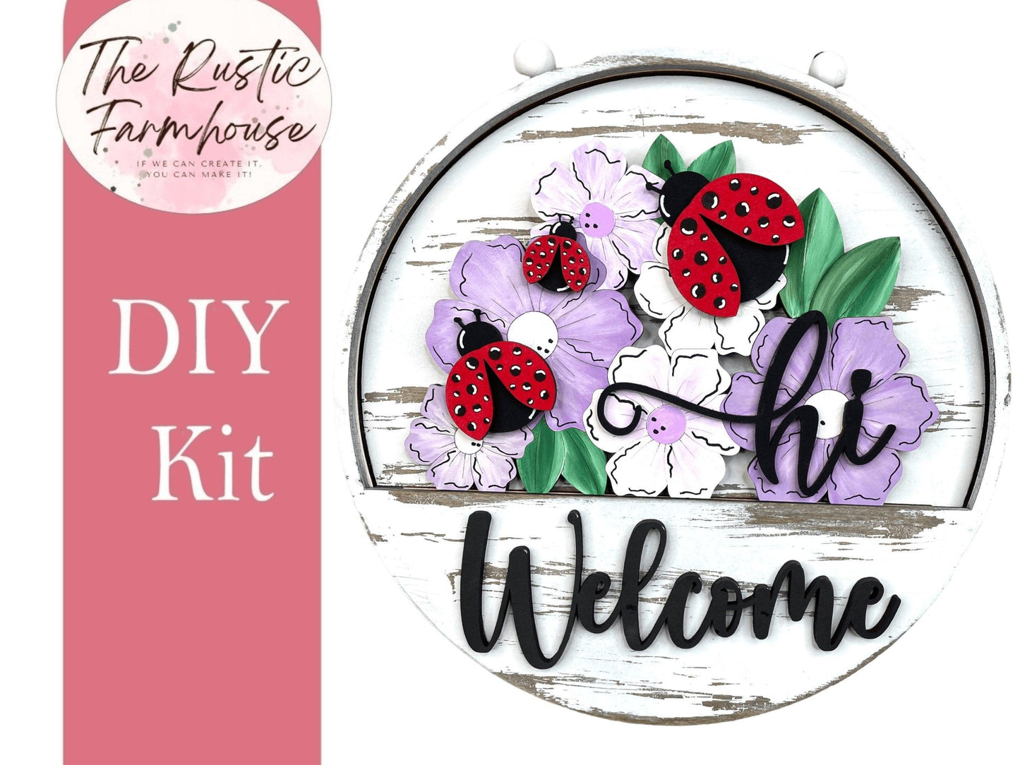 Lady Bug Welcome Sign with interchangeable inserts, DIYFront Door Decor, 11 inch Round Door hanger, DIY Interchangeable Door Hanger, - RusticFarmhouseDecor
