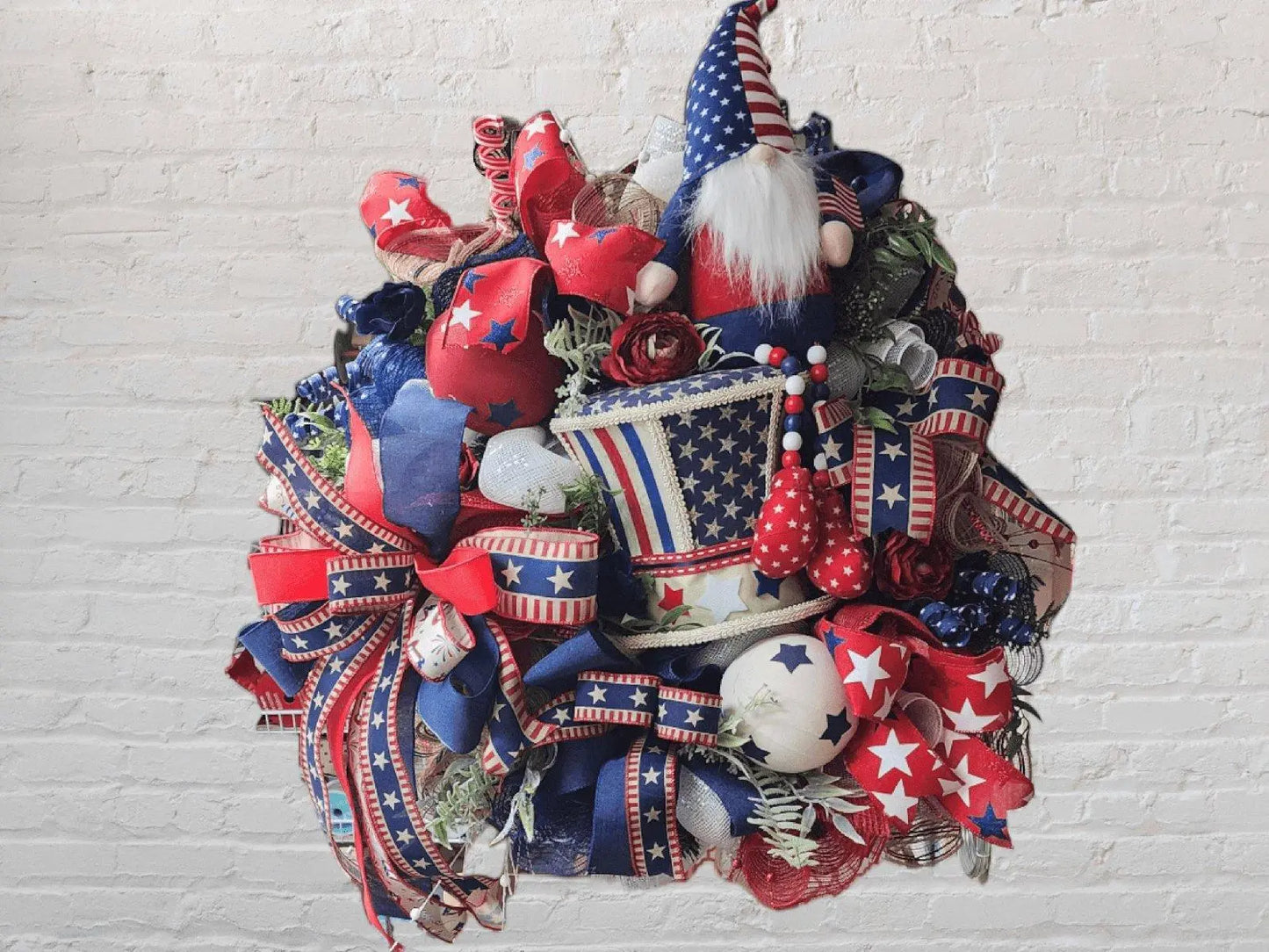 Patriotic Wreath with Uncle Sam Hat and USA Gnome for 4th of July Decor - RusticFarmhouseDecor