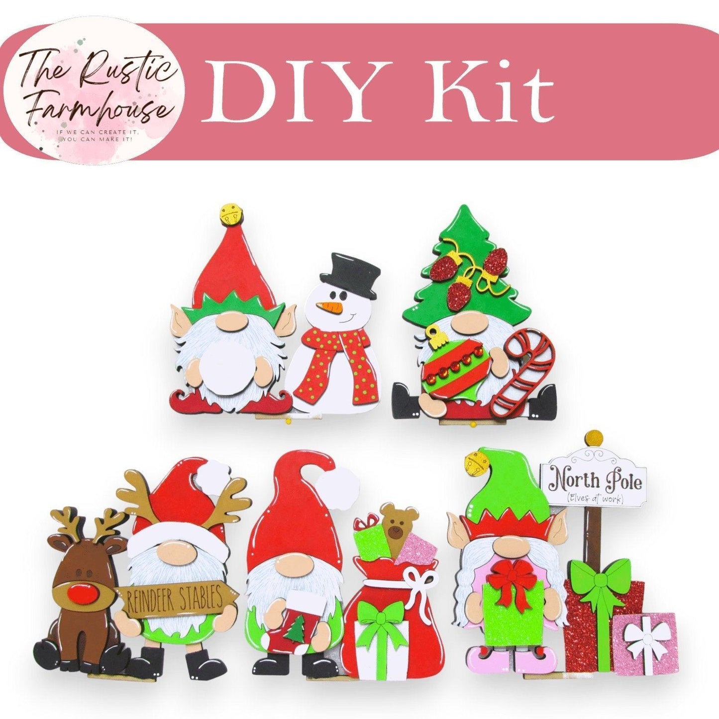Santa and Crew Standing Gnomes Shelf Sitter, DIY Gnome kit, Tiered Tray Decor - RusticFarmhouseDecor