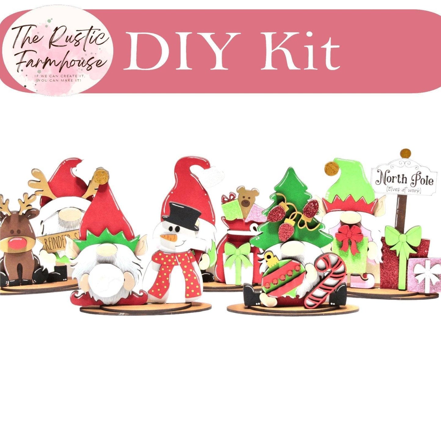 Santa and Crew Standing Gnomes Shelf Sitter, DIY Gnome kit, Tiered Tray Decor - RusticFarmhouseDecor