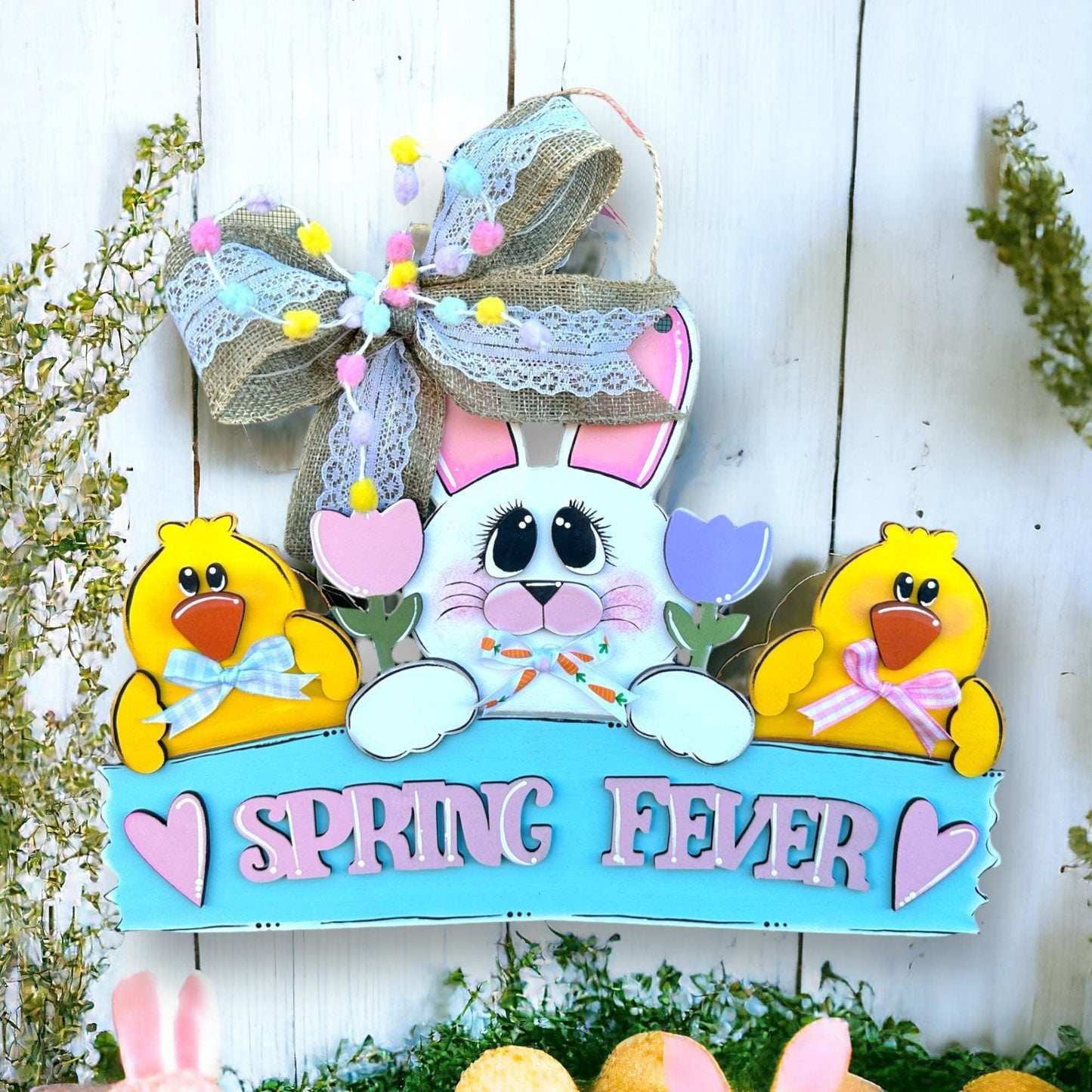 Spring Fever Bunny with Chicks Door Hanger, Unfinished DIY Wood Kit, Blanks to Decorate Home Decor, Easter DIY Door HangerS - RusticFarmhouseDecor